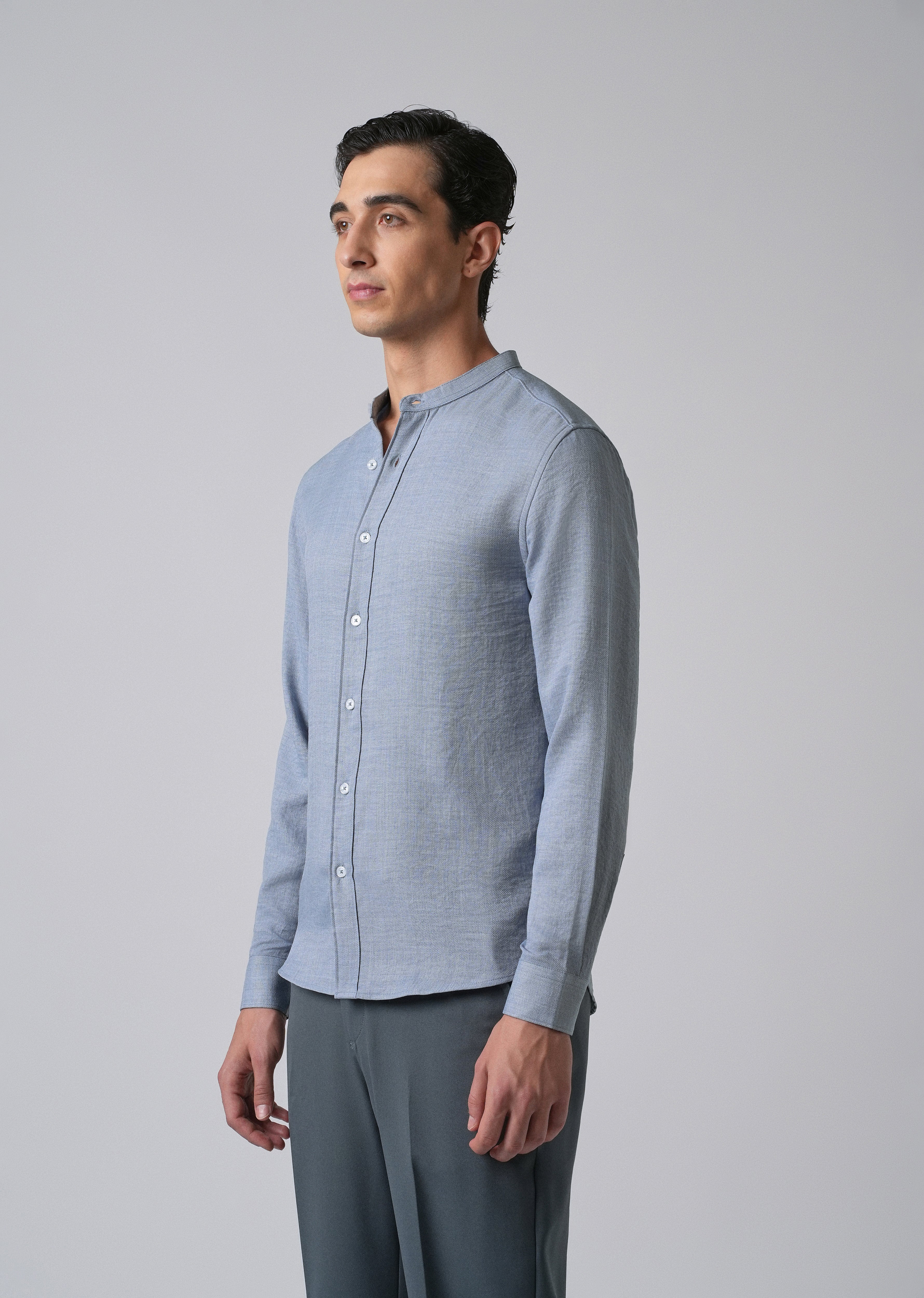 Blue Plain Mandarin Collar Shirt