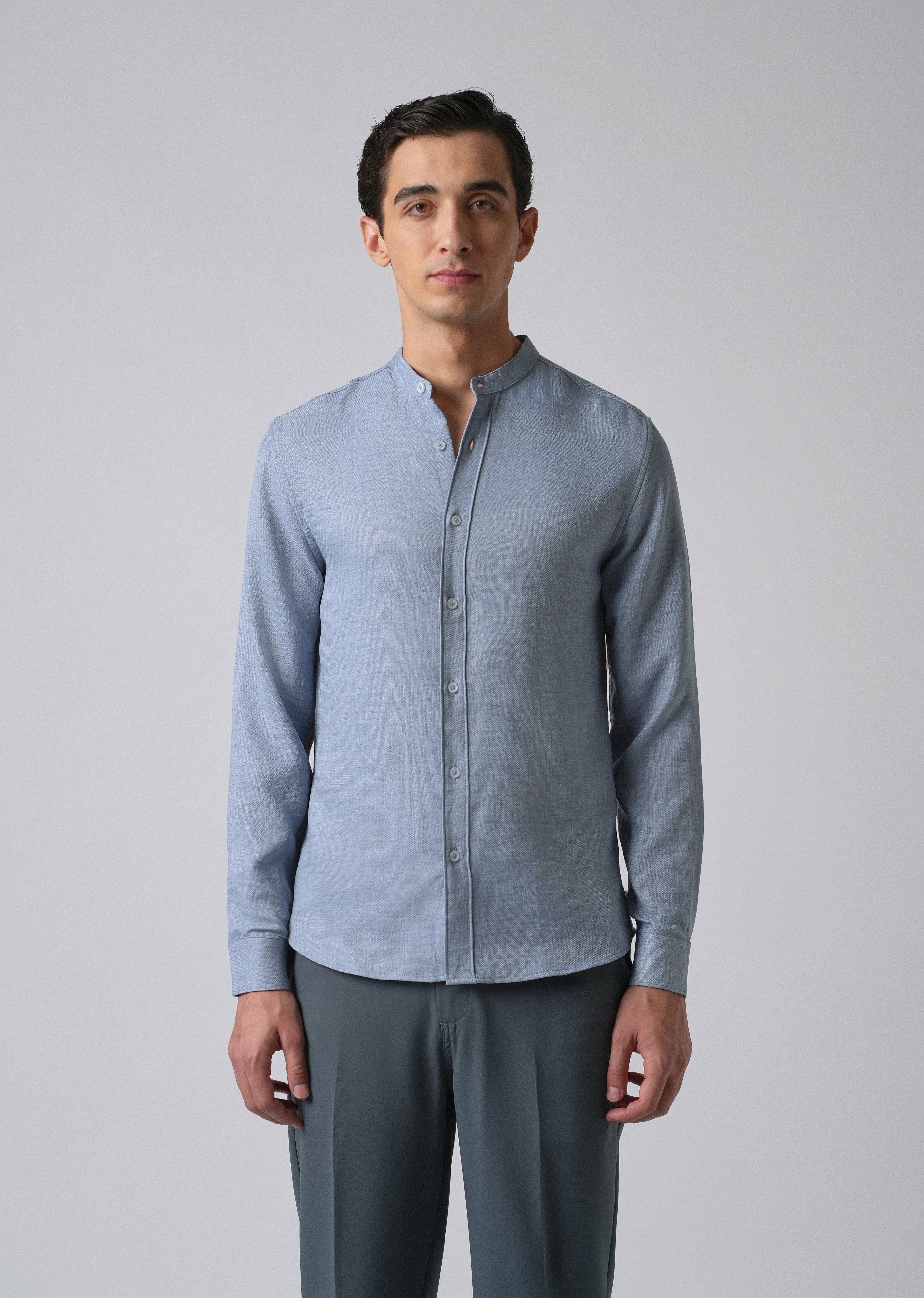 Blue Plain Mandarin Collar Shirt