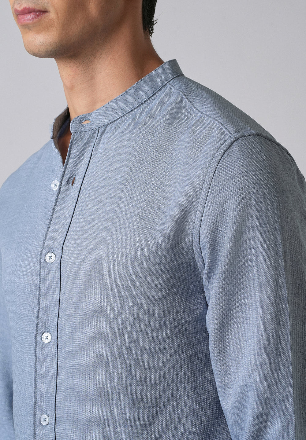 Blue Plain Mandarin Collar Shirt