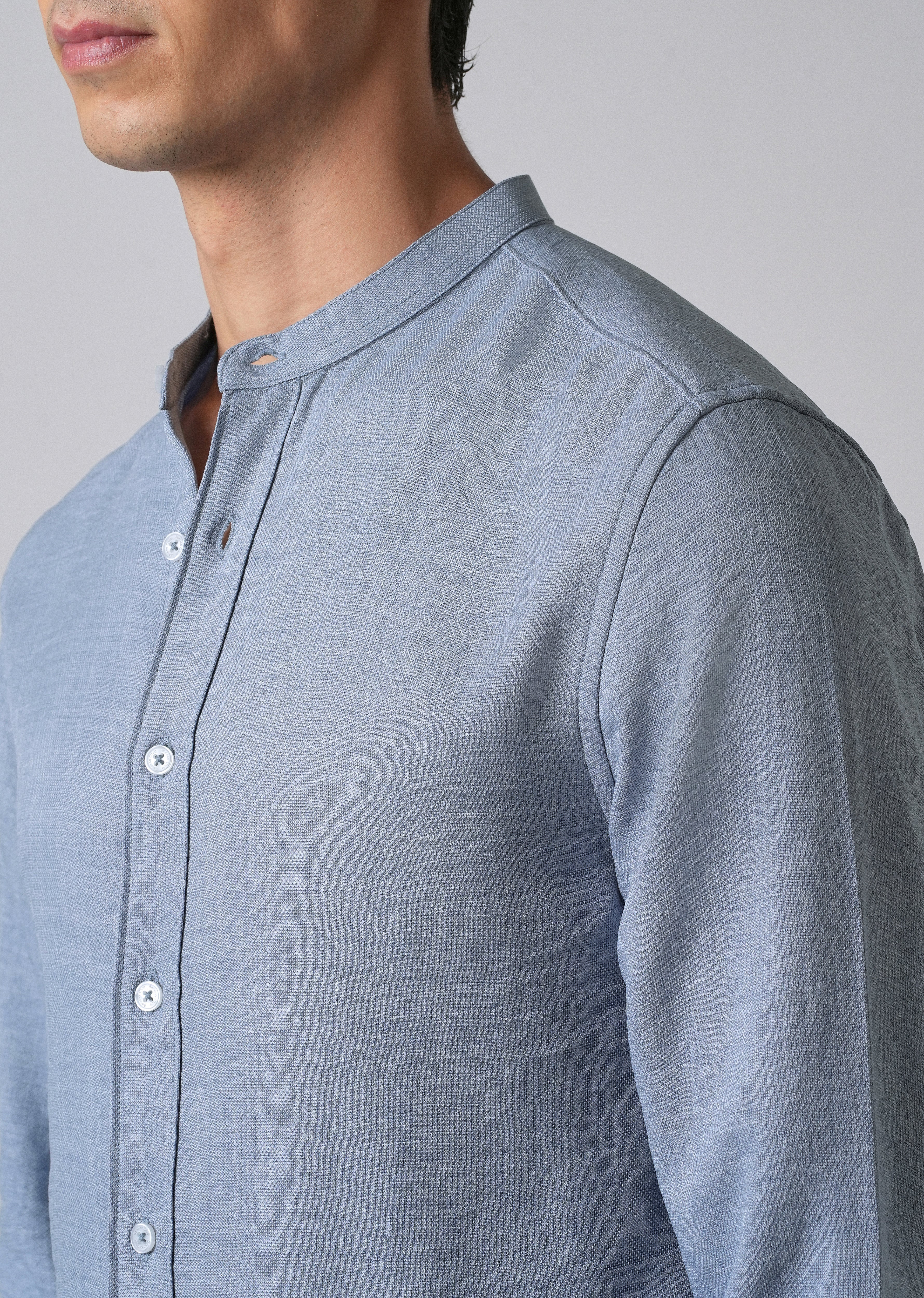 Blue Plain Mandarin Collar Shirt