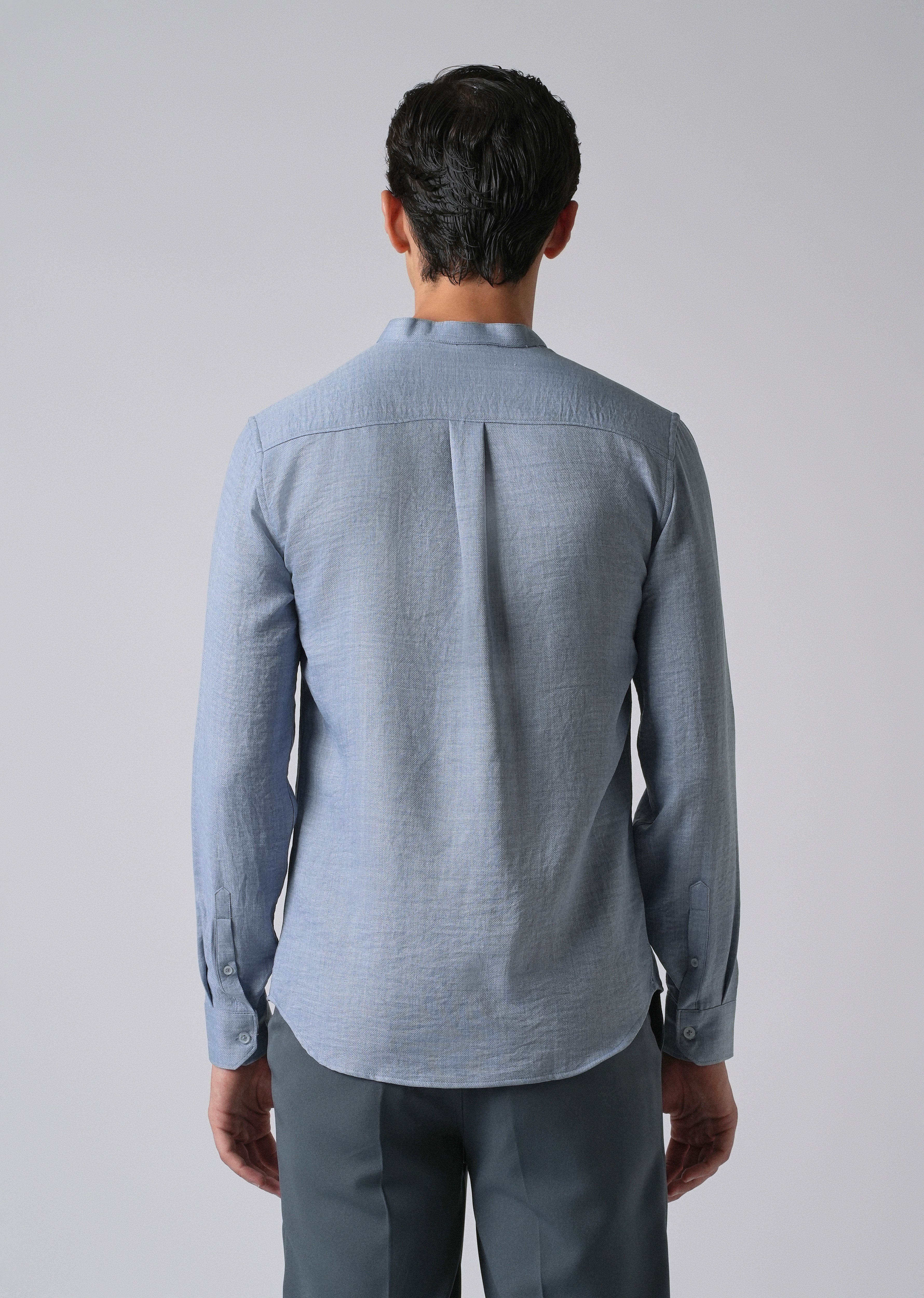 Blue Plain Mandarin Collar Shirt