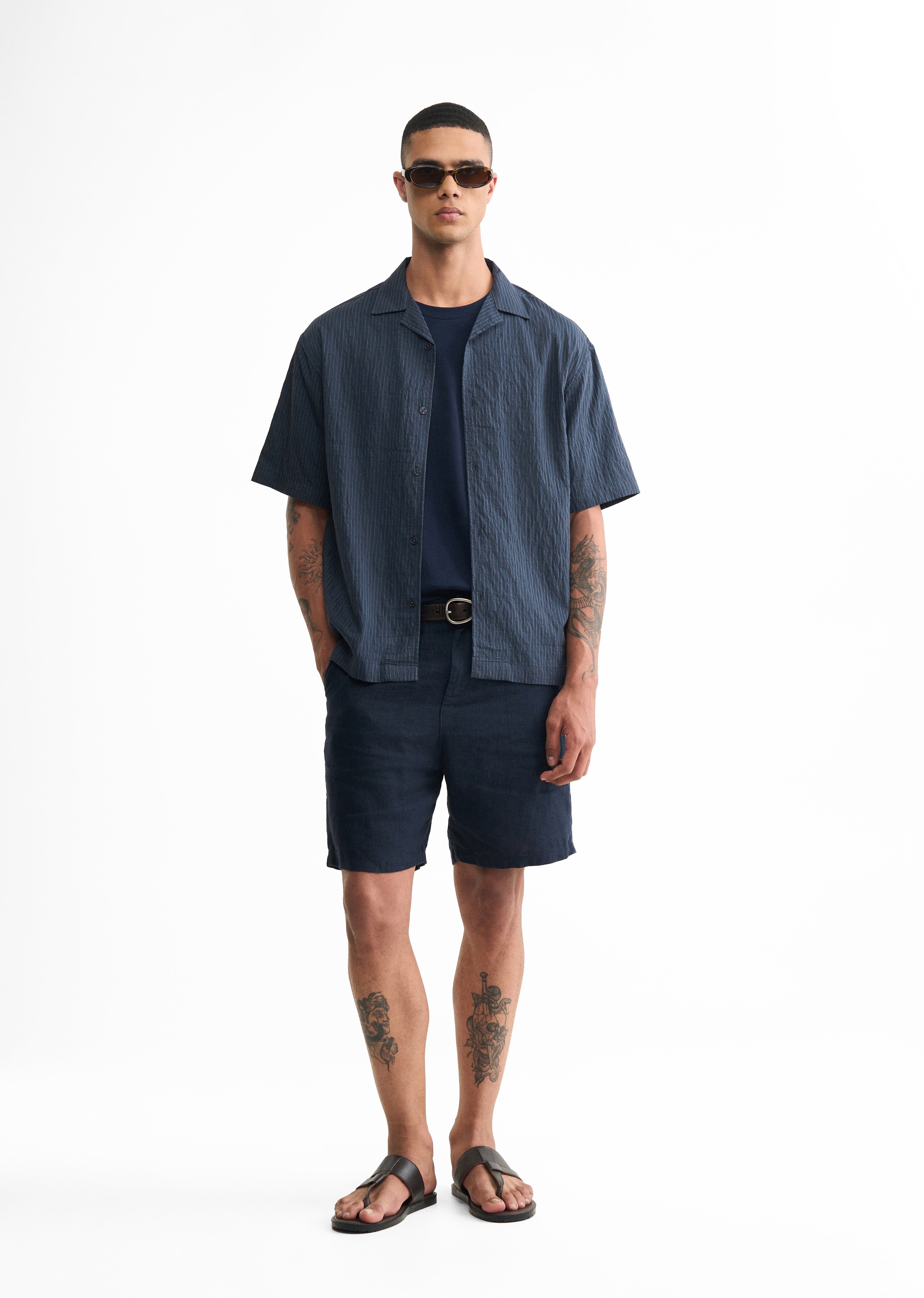 Blue Pleated-Back Stripe Shirt