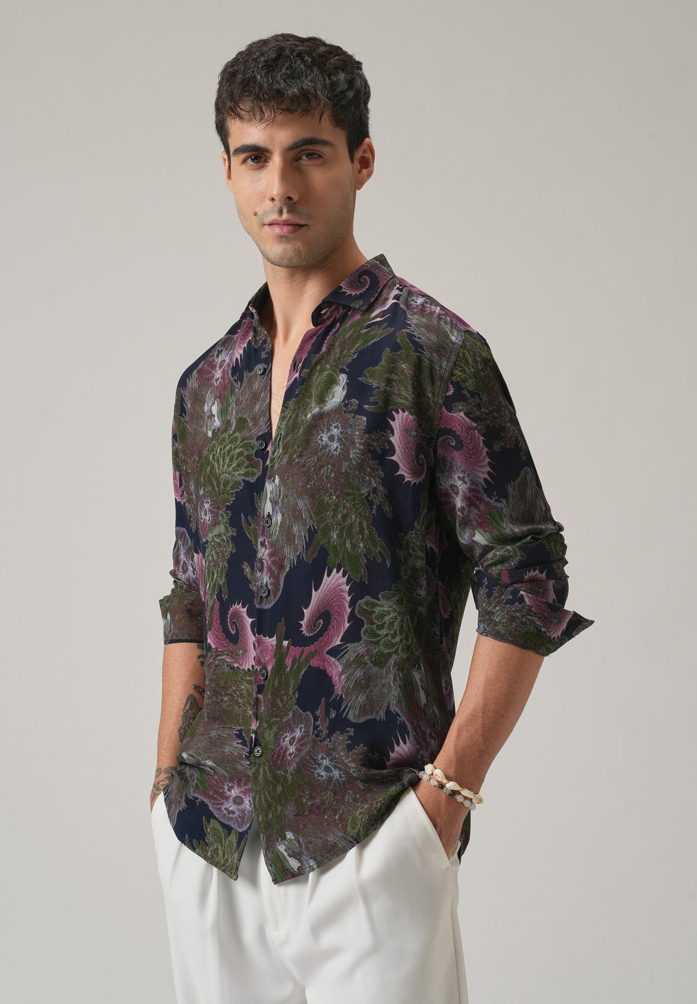 Blue Prickly Flora Print Feather Shirt
