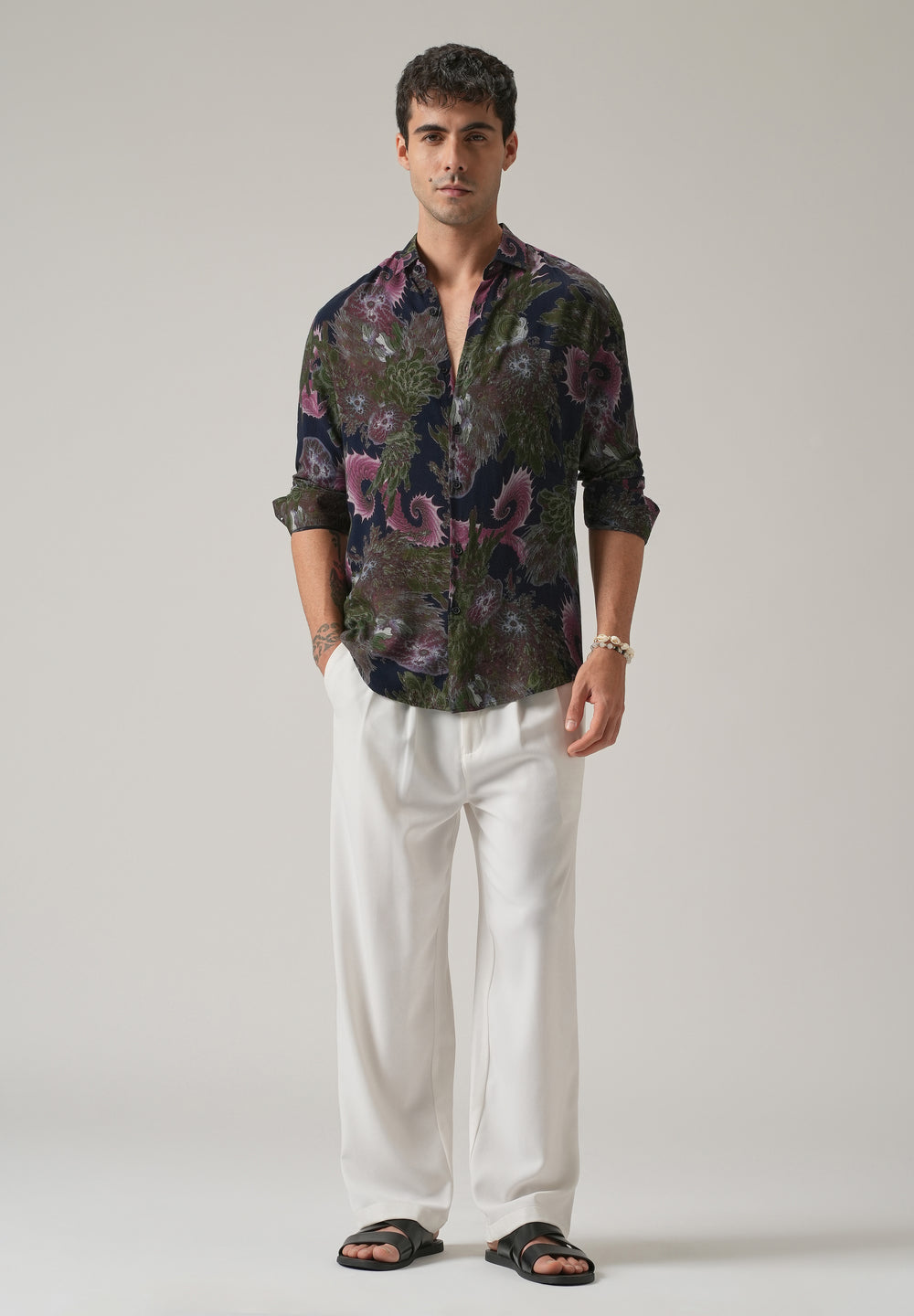 Blue Prickly Flora Print Feather Shirt