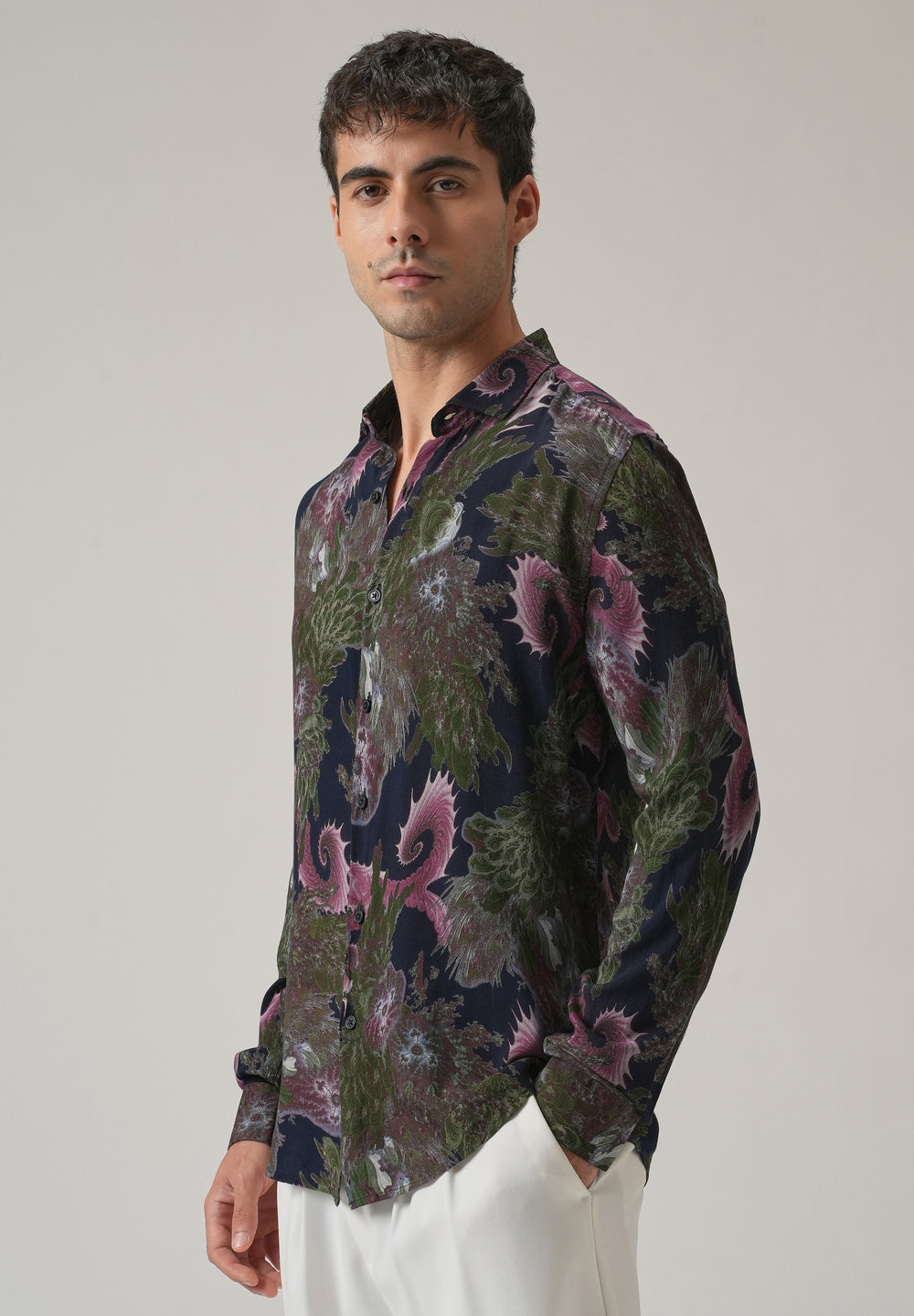 Blue Prickly Flora Print Feather Shirt