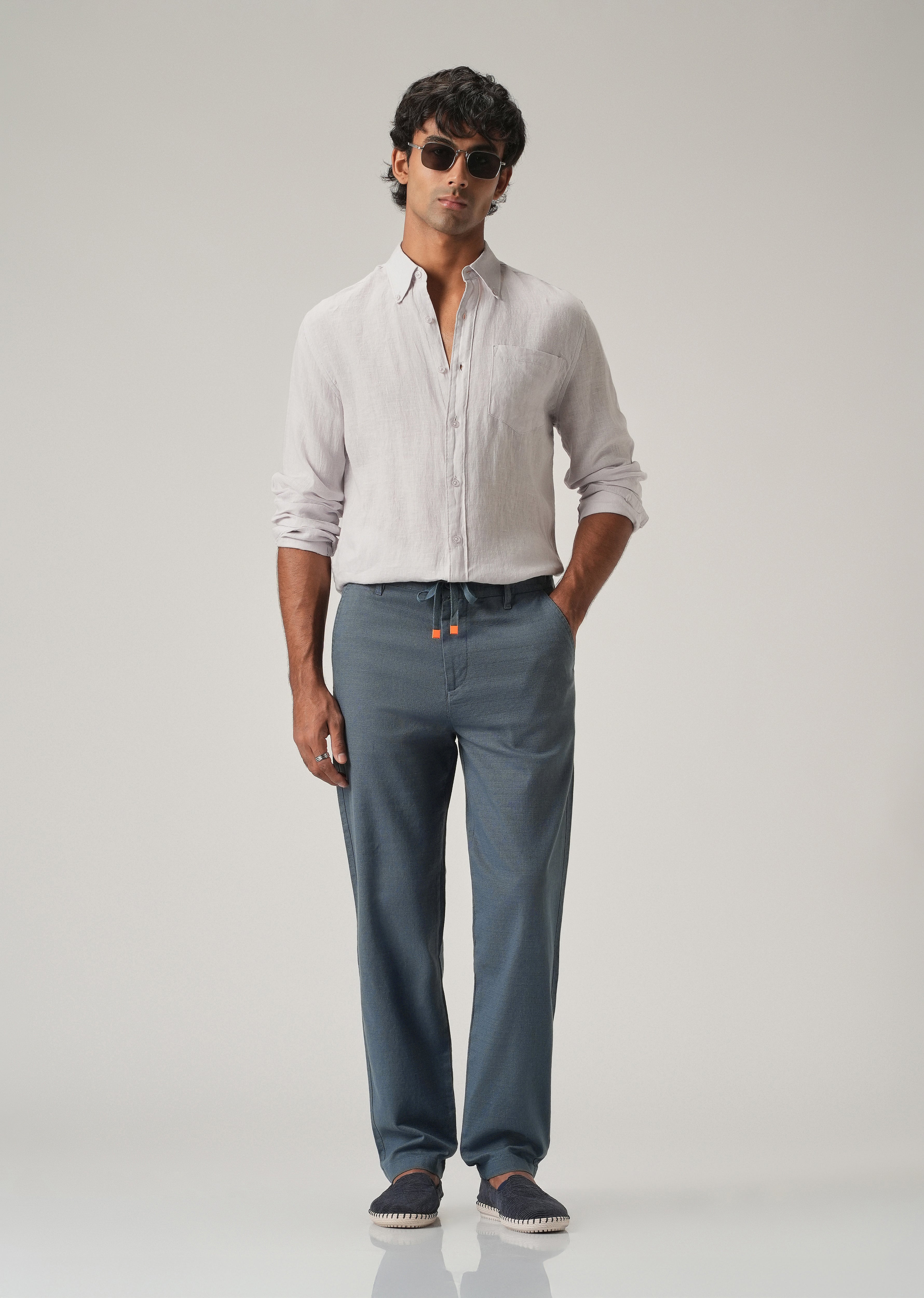 Blue Linen-Look Cotton Trousers