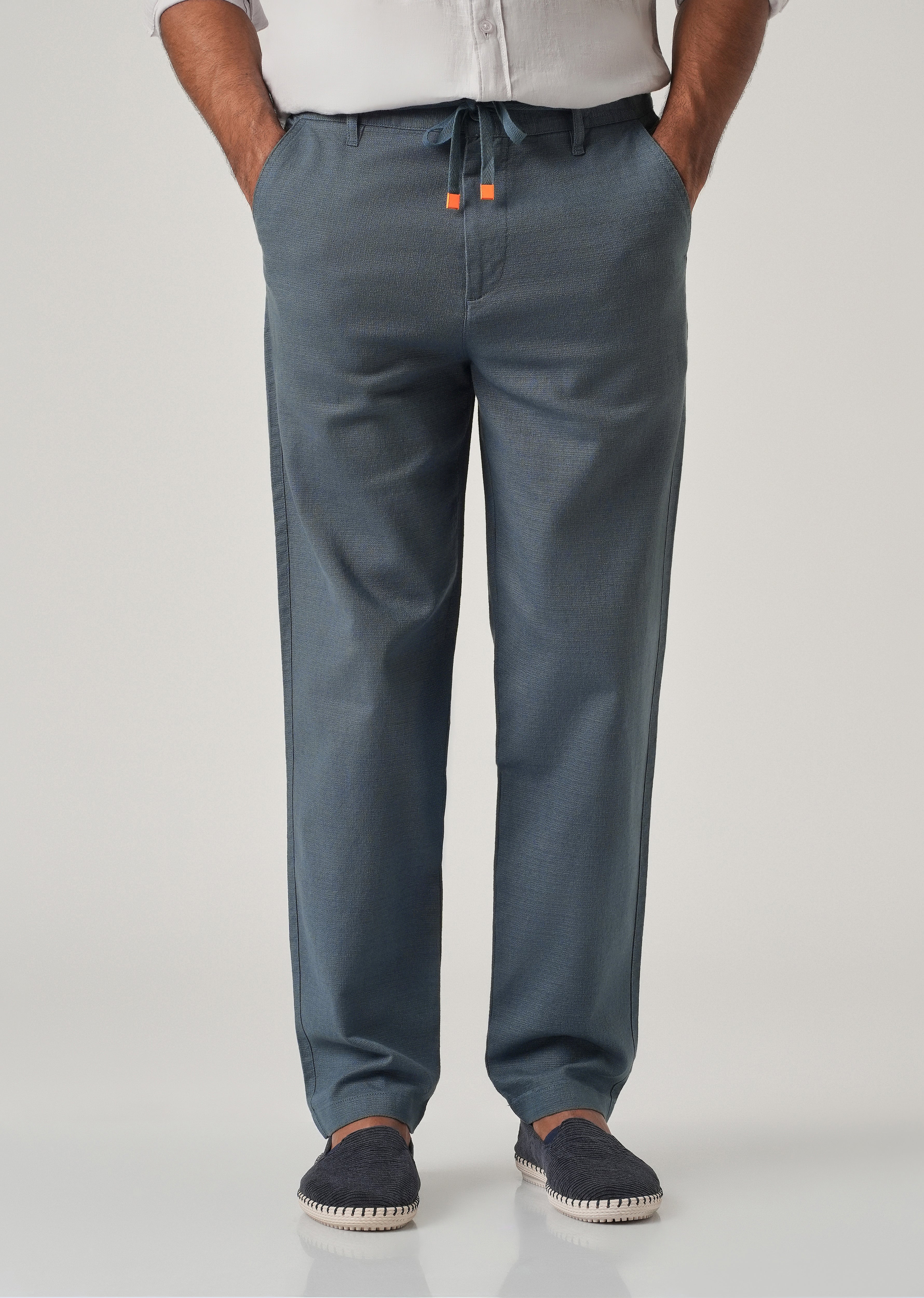 Blue Linen-Look Cotton Trousers