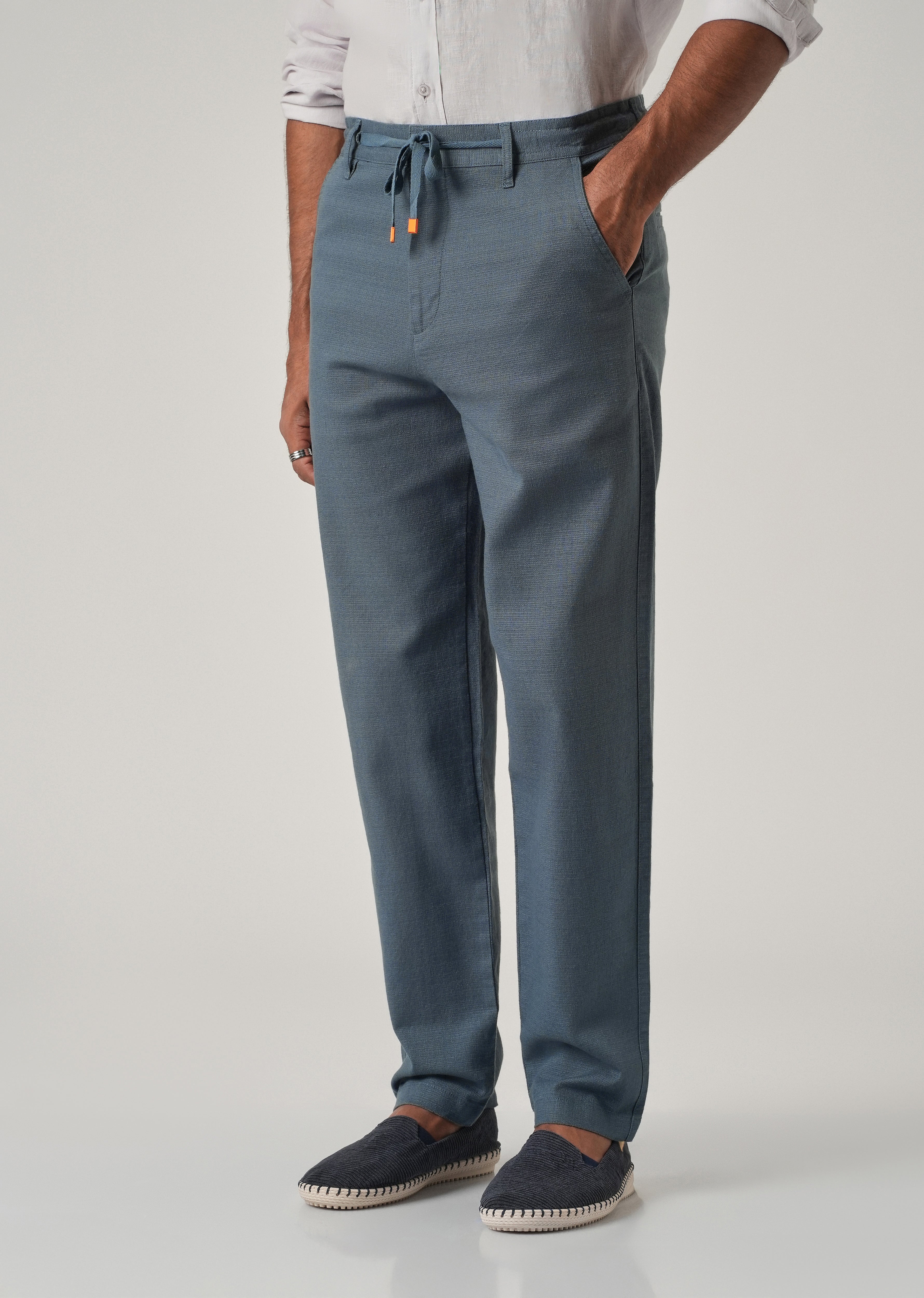 Blue Linen-Look Cotton Trousers