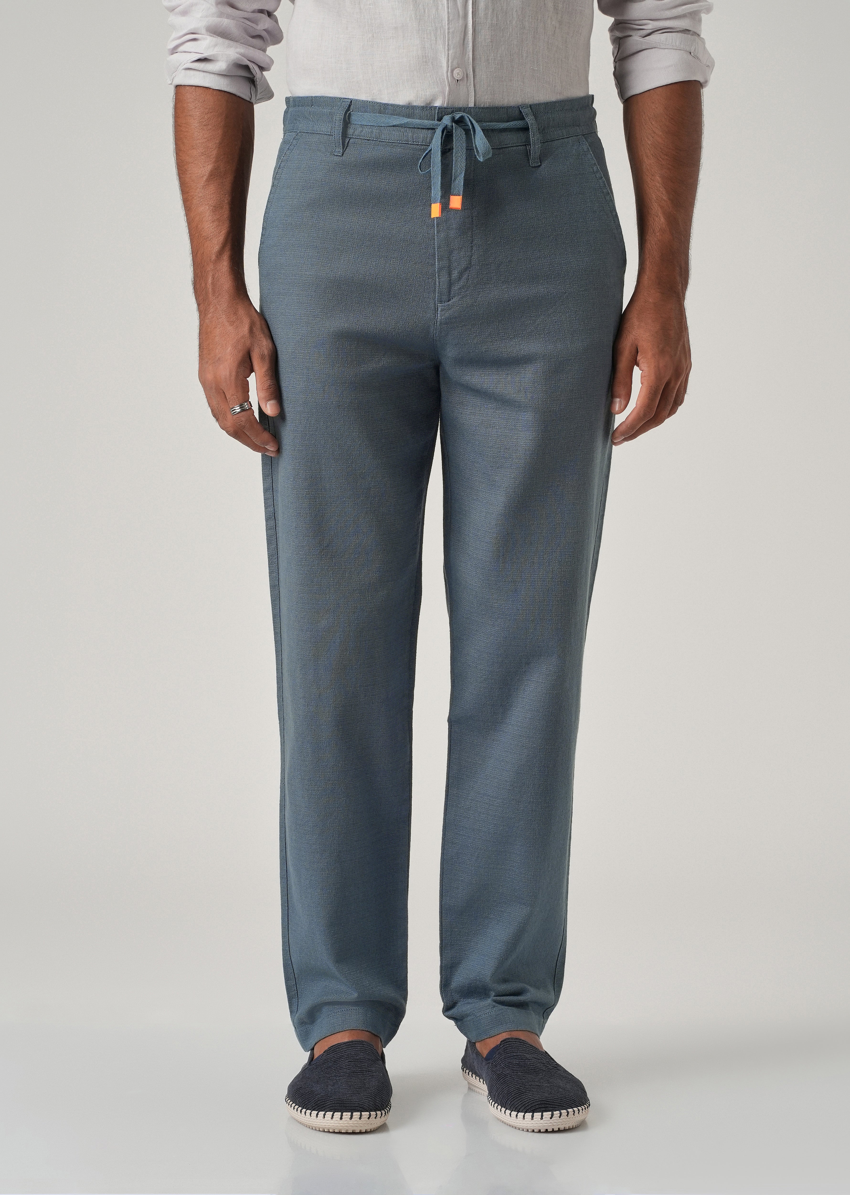 Blue Linen-Look Cotton Trousers