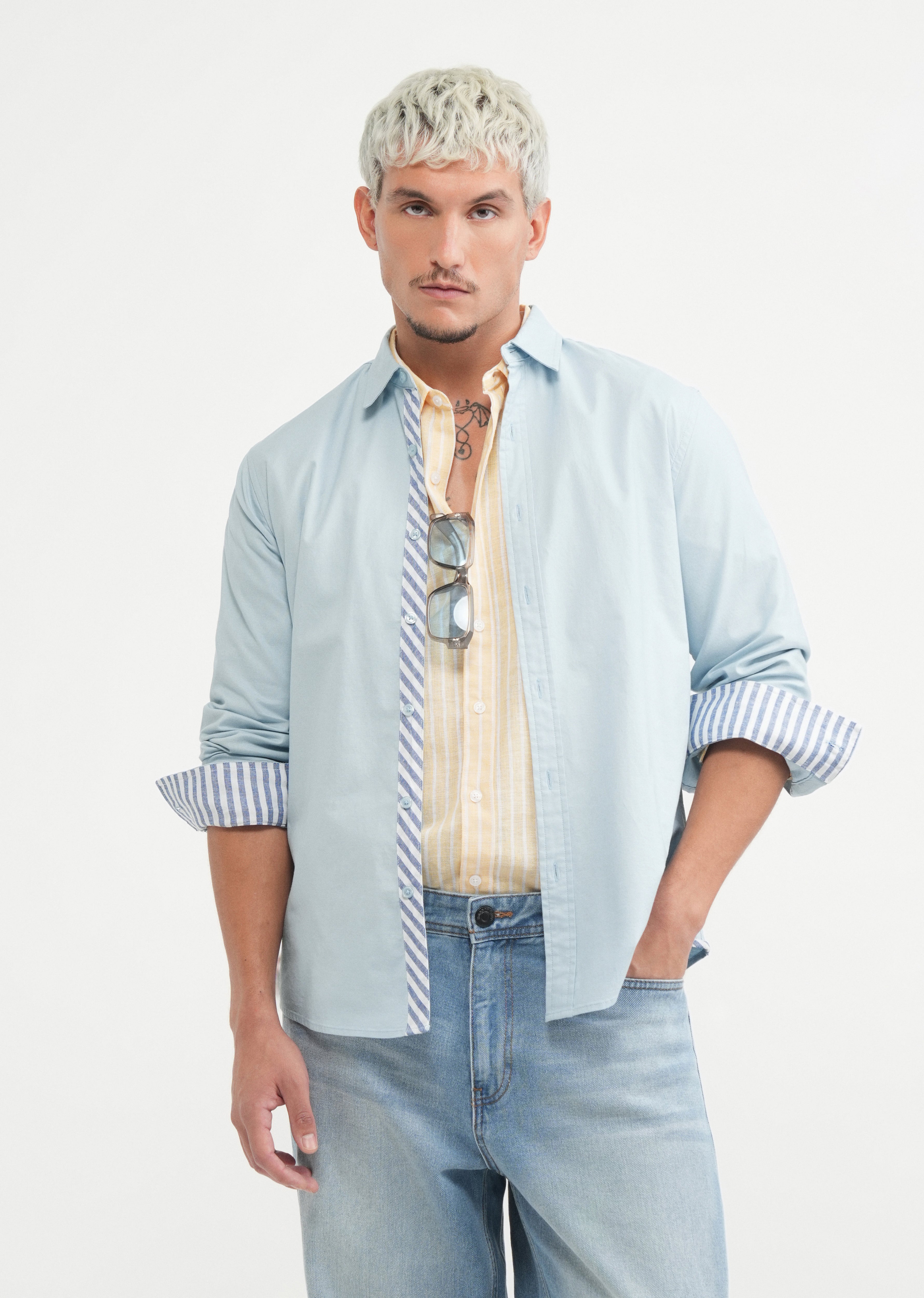 Blue Striped Placket Cotton Shirt