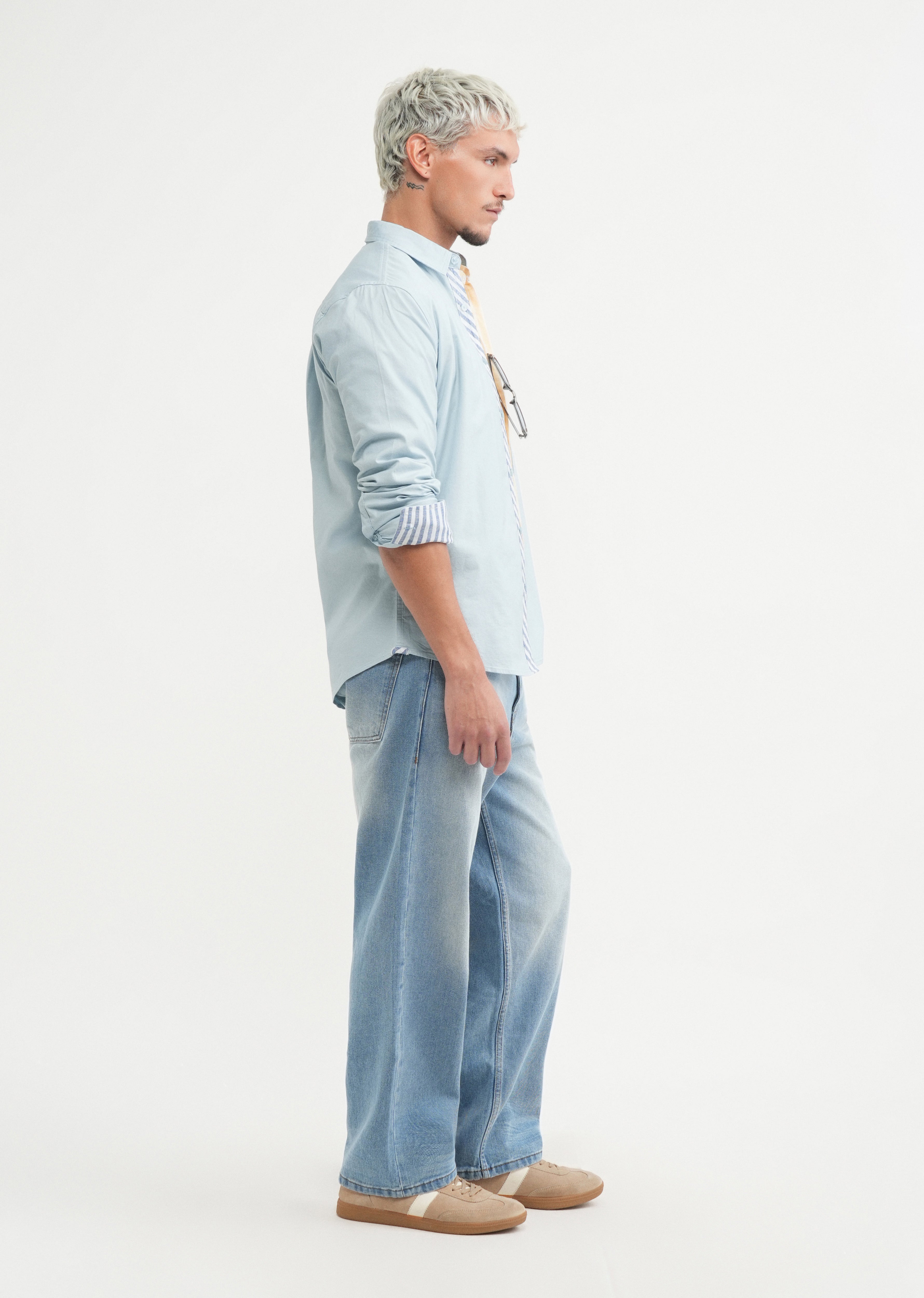 Blue Striped Placket Cotton Shirt