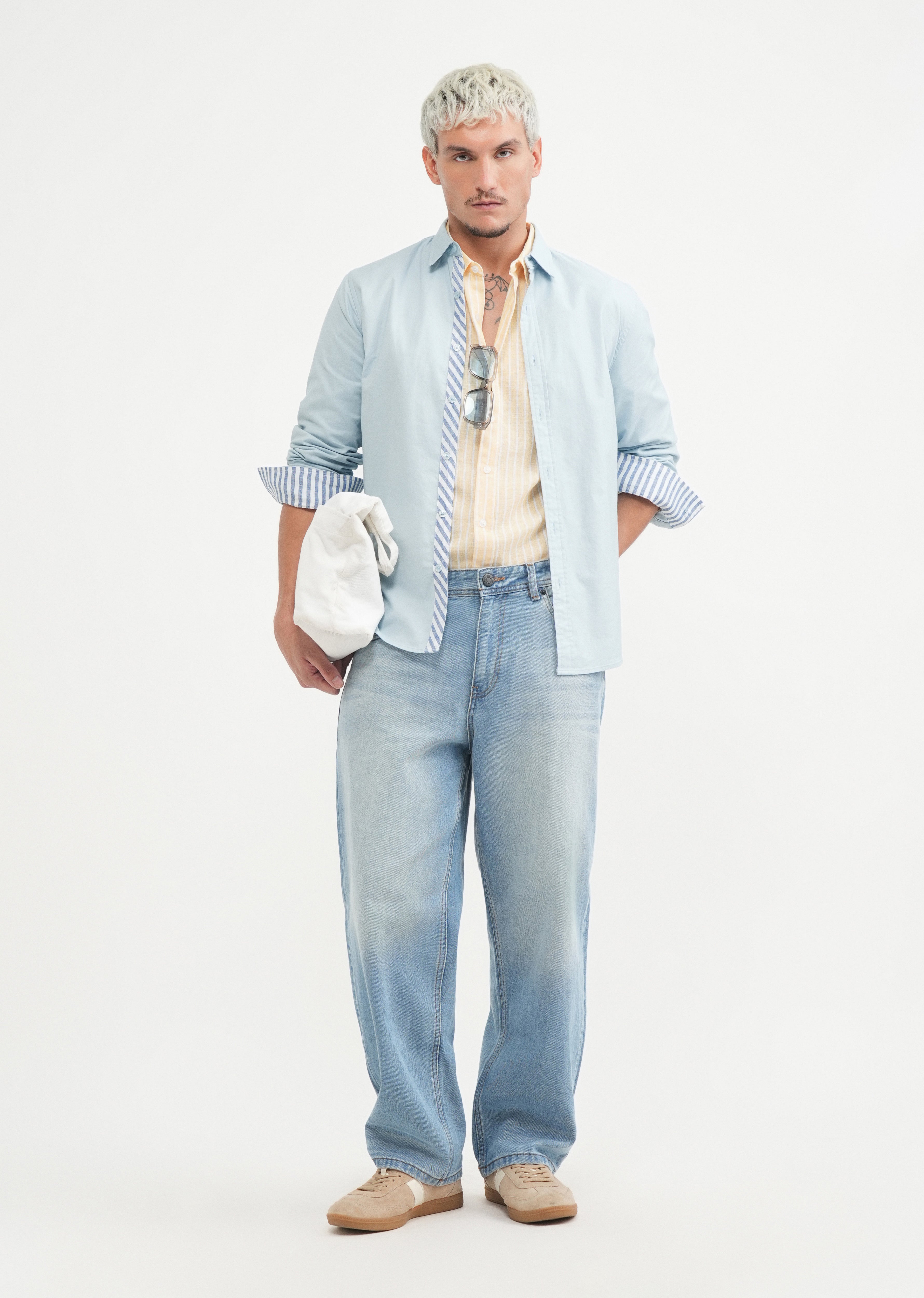 Blue Striped Placket Cotton Shirt