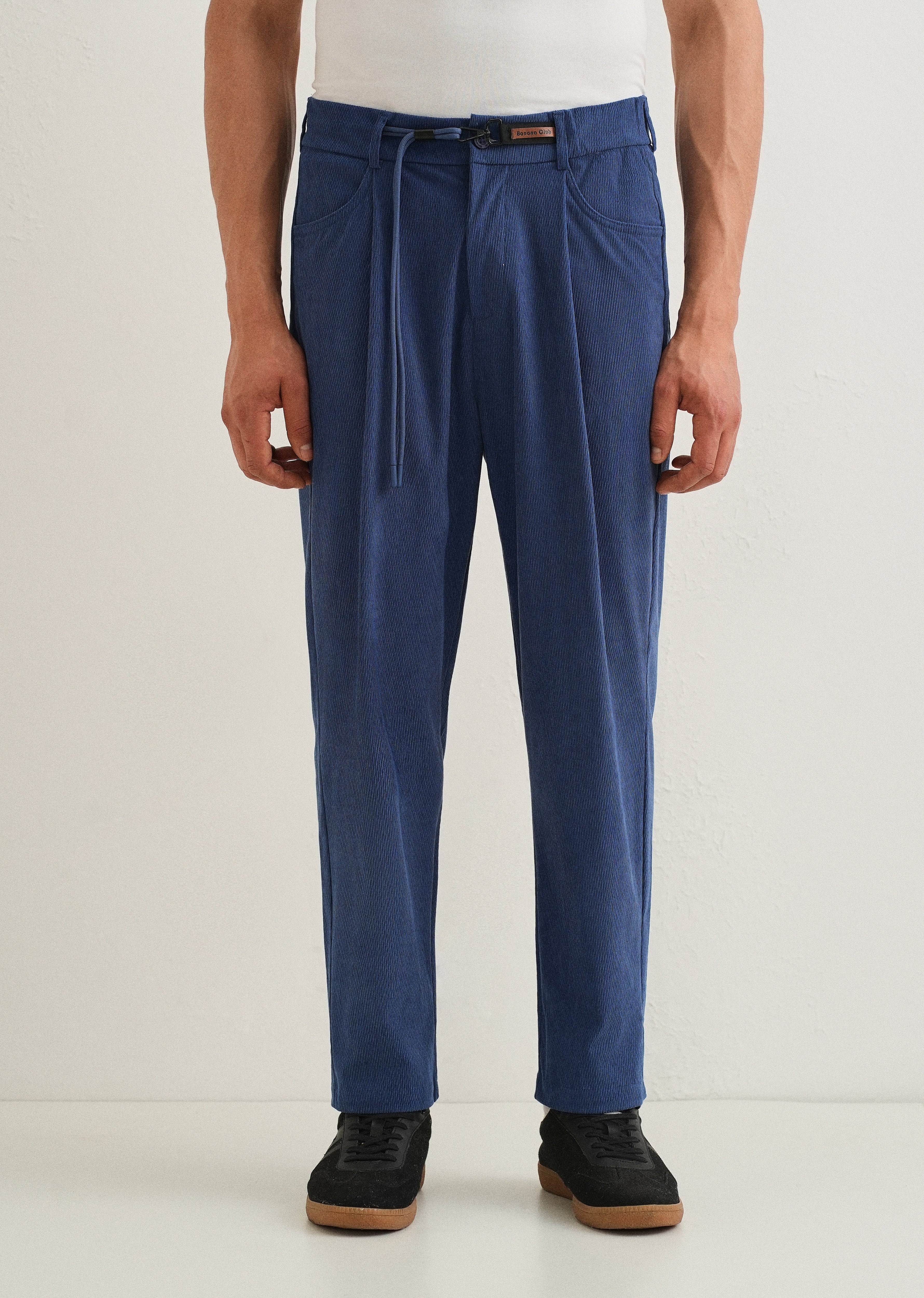 Blue Textured Corduroy Drawstring Pant