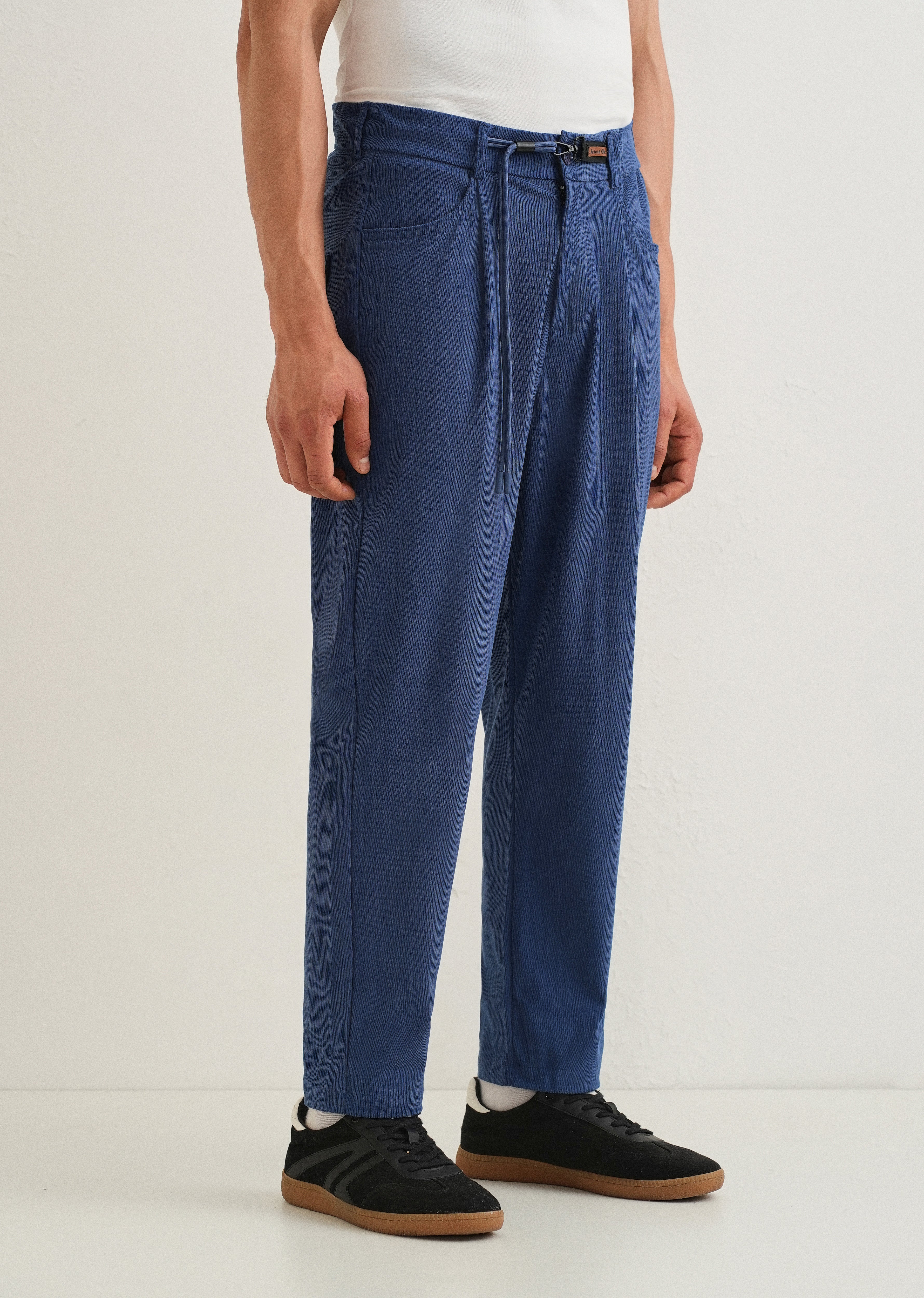 Blue Textured Corduroy Drawstring Pant