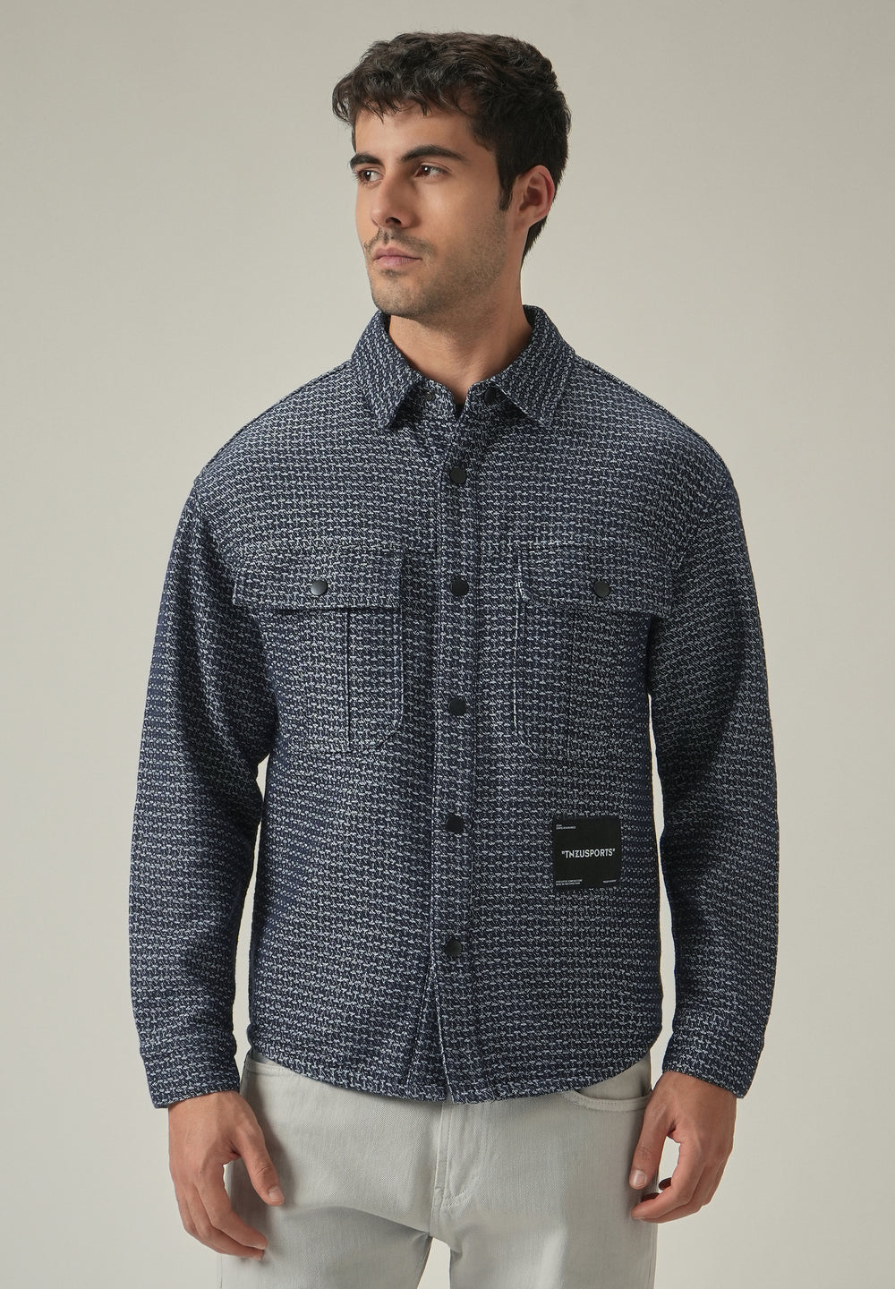 Blue Textured Denim Jacquard Jacket