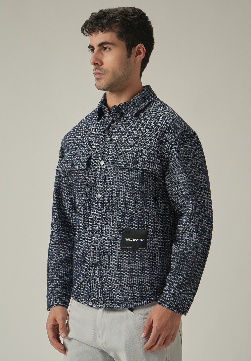 Blue Textured Denim Jacquard Jacket