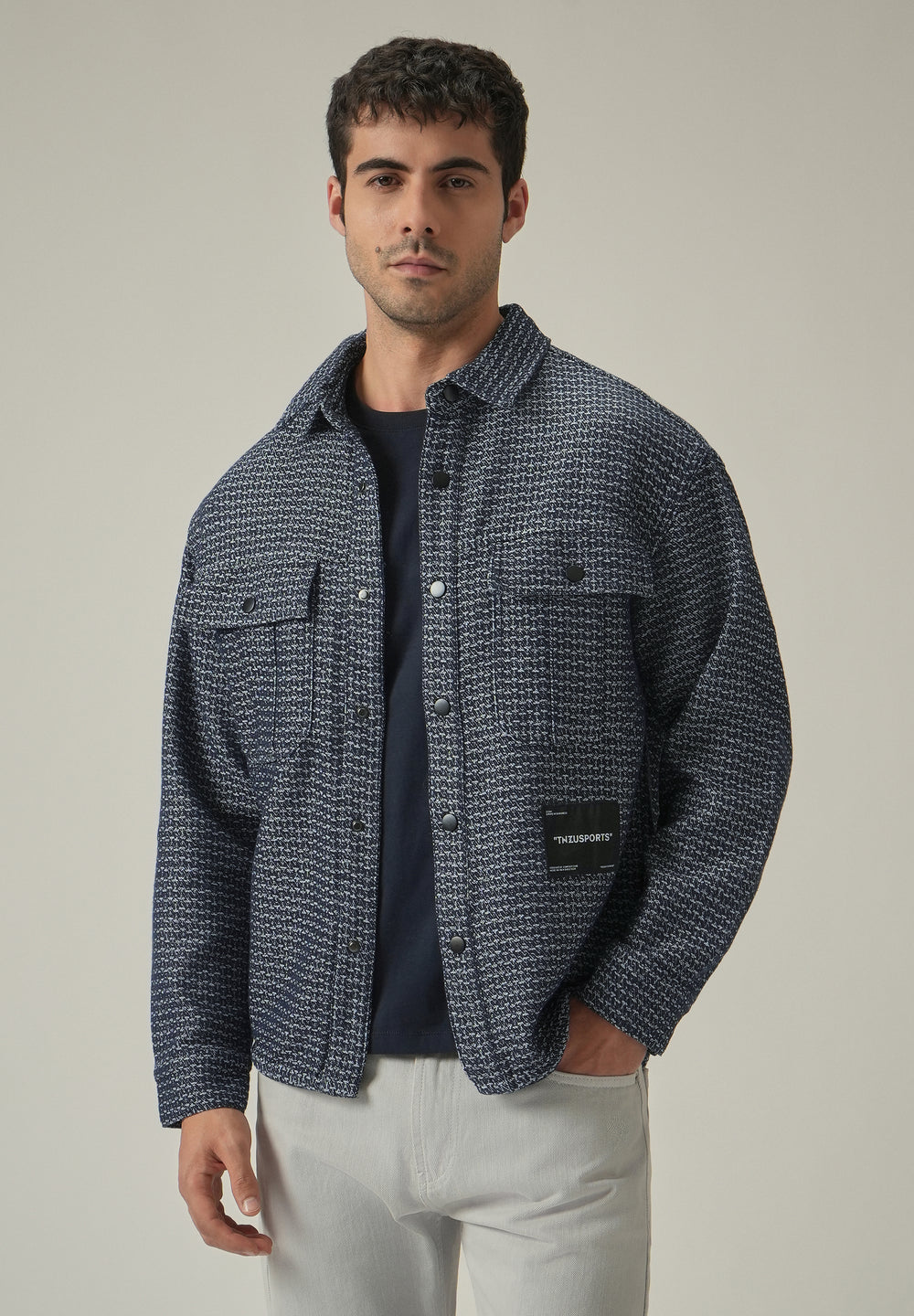 Blue Textured Denim Jacquard Jacket