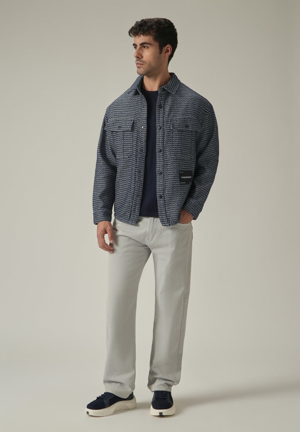 Blue Textured Denim Jacquard Jacket
