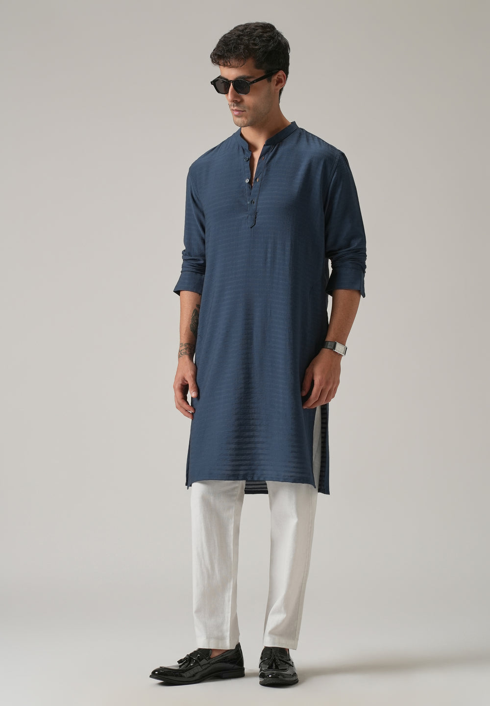 Blue Nylon Self Stripe Kurta