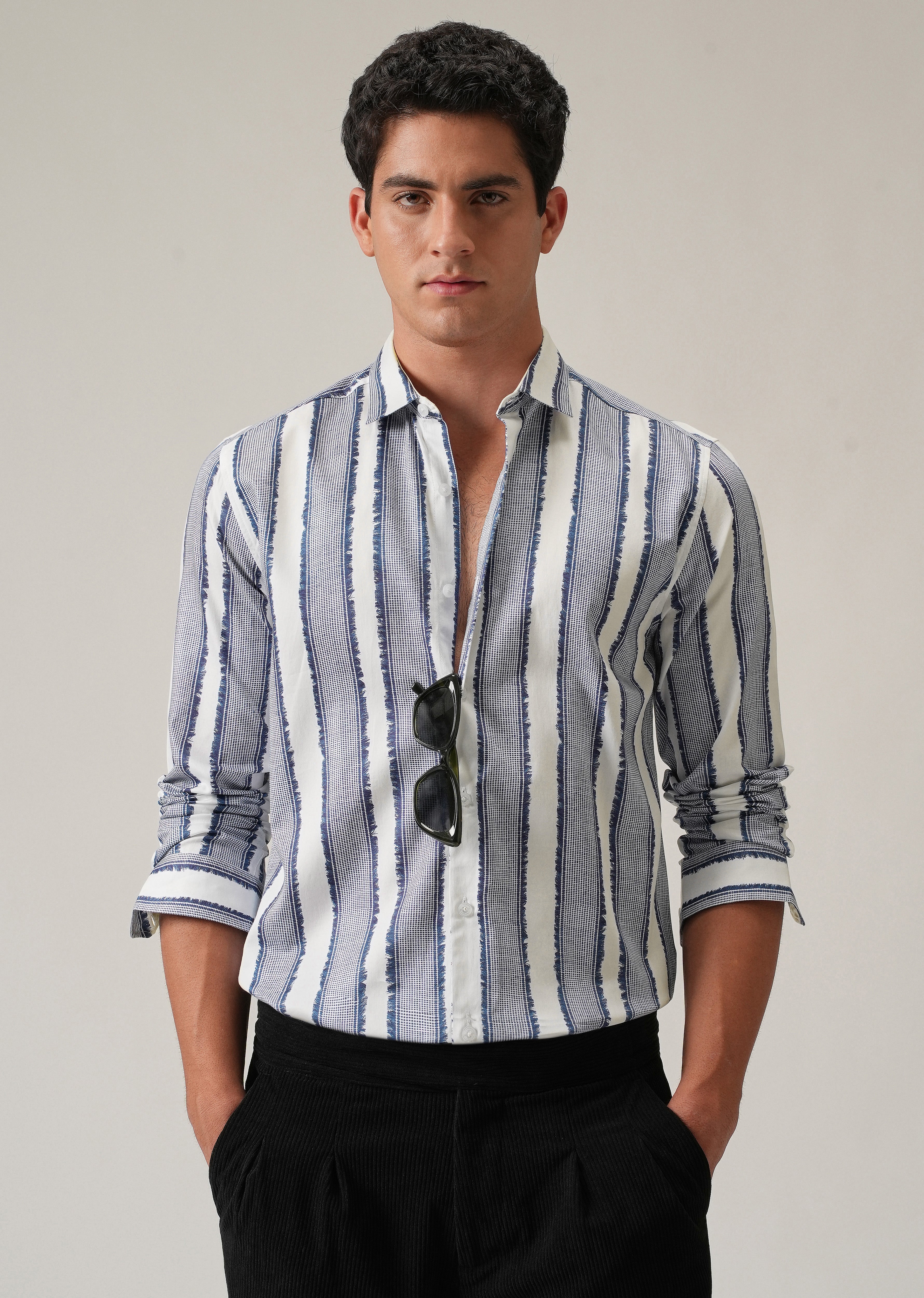 Blue Textured Stripe Print Shirt