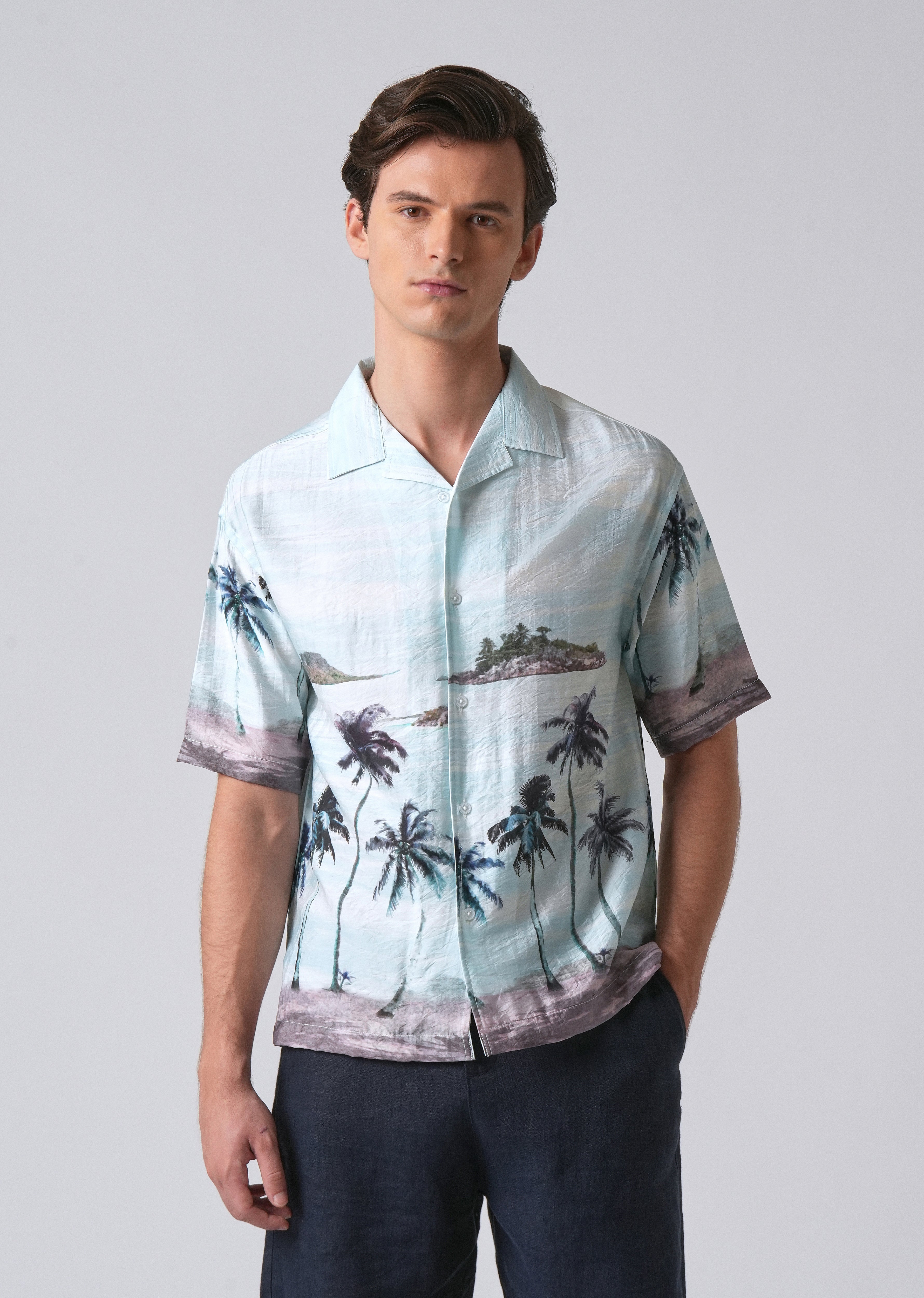 Blue Tropical Palm Print Shirt