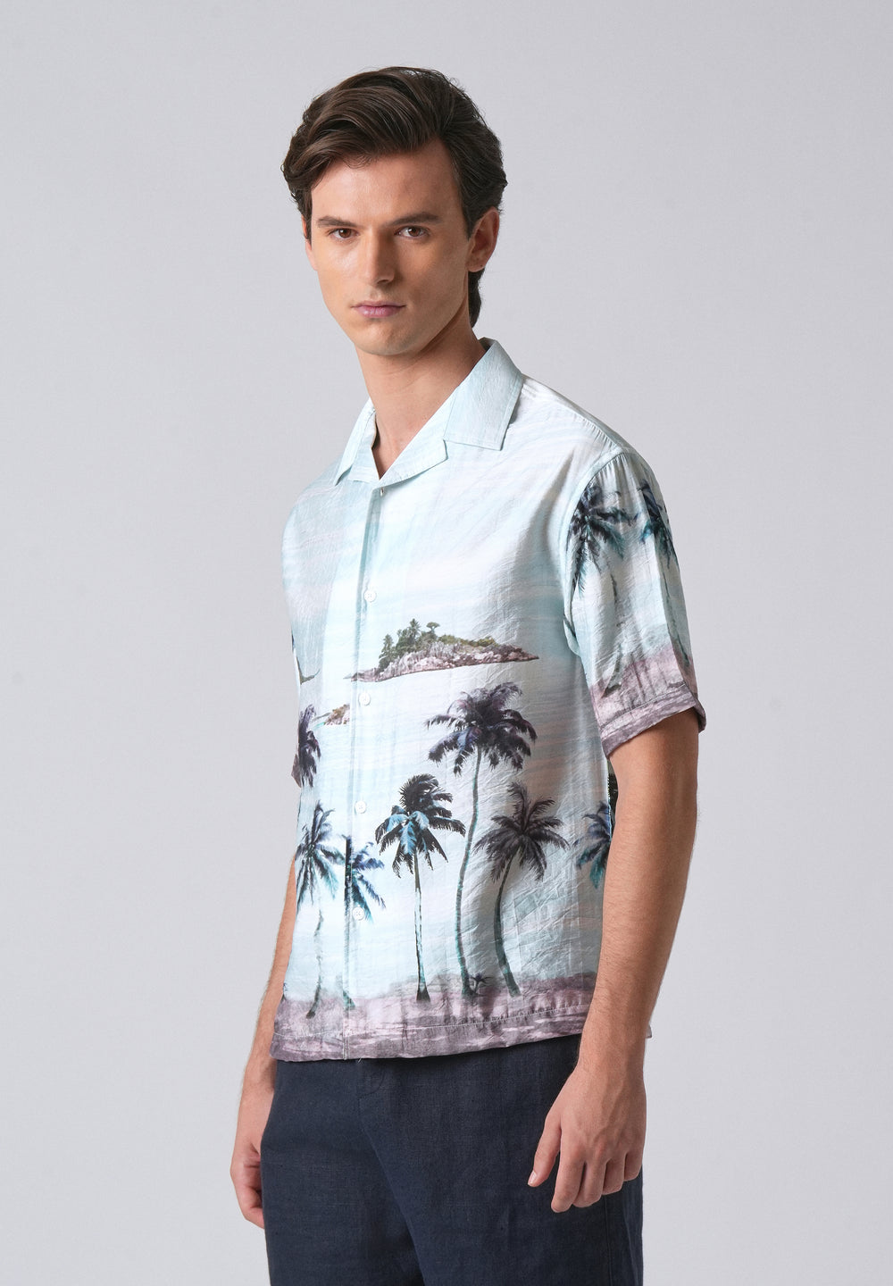 Blue Tropical Palm Print Shirt