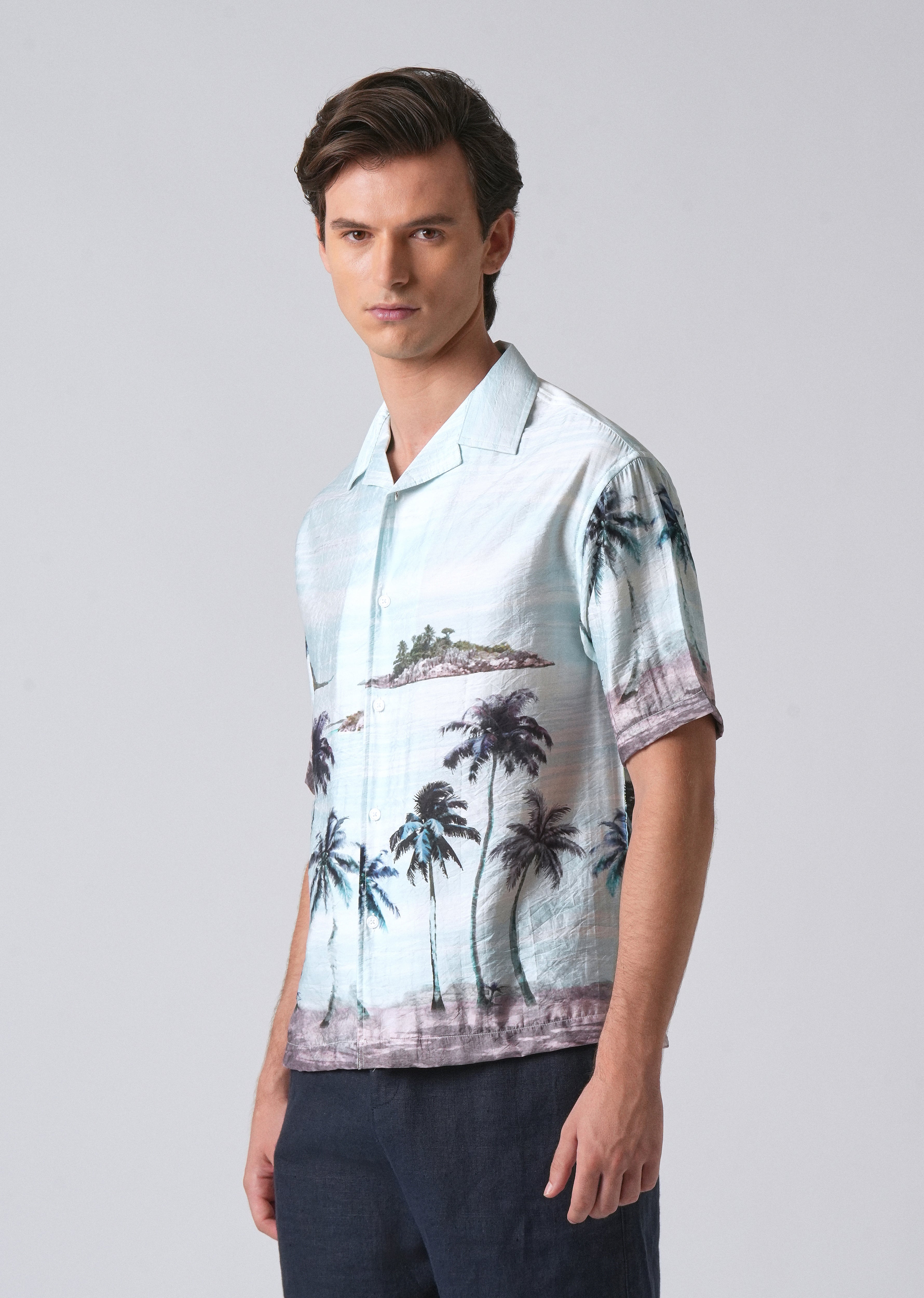 Blue Tropical Palm Print Shirt