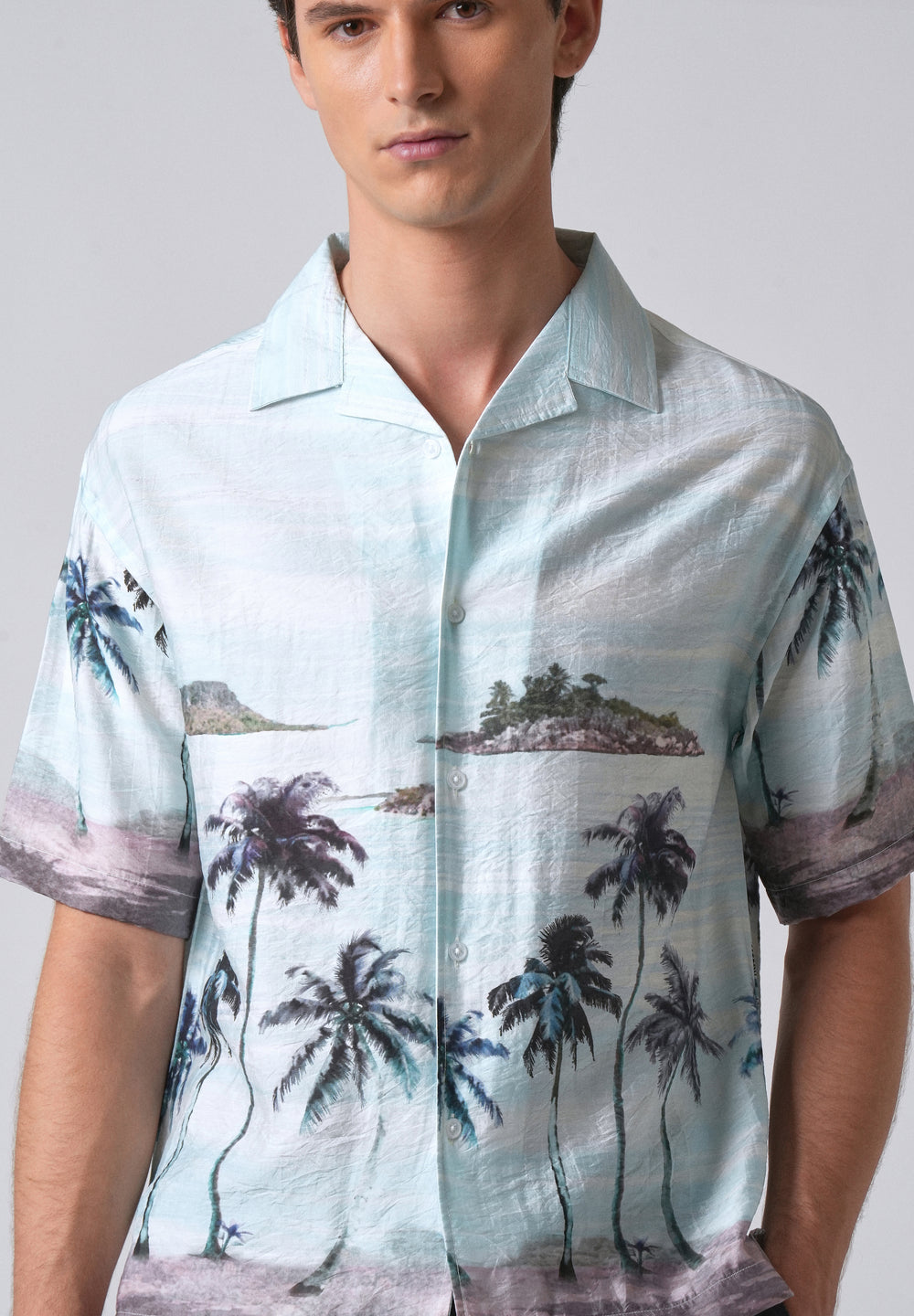 Blue Tropical Palm Print Shirt