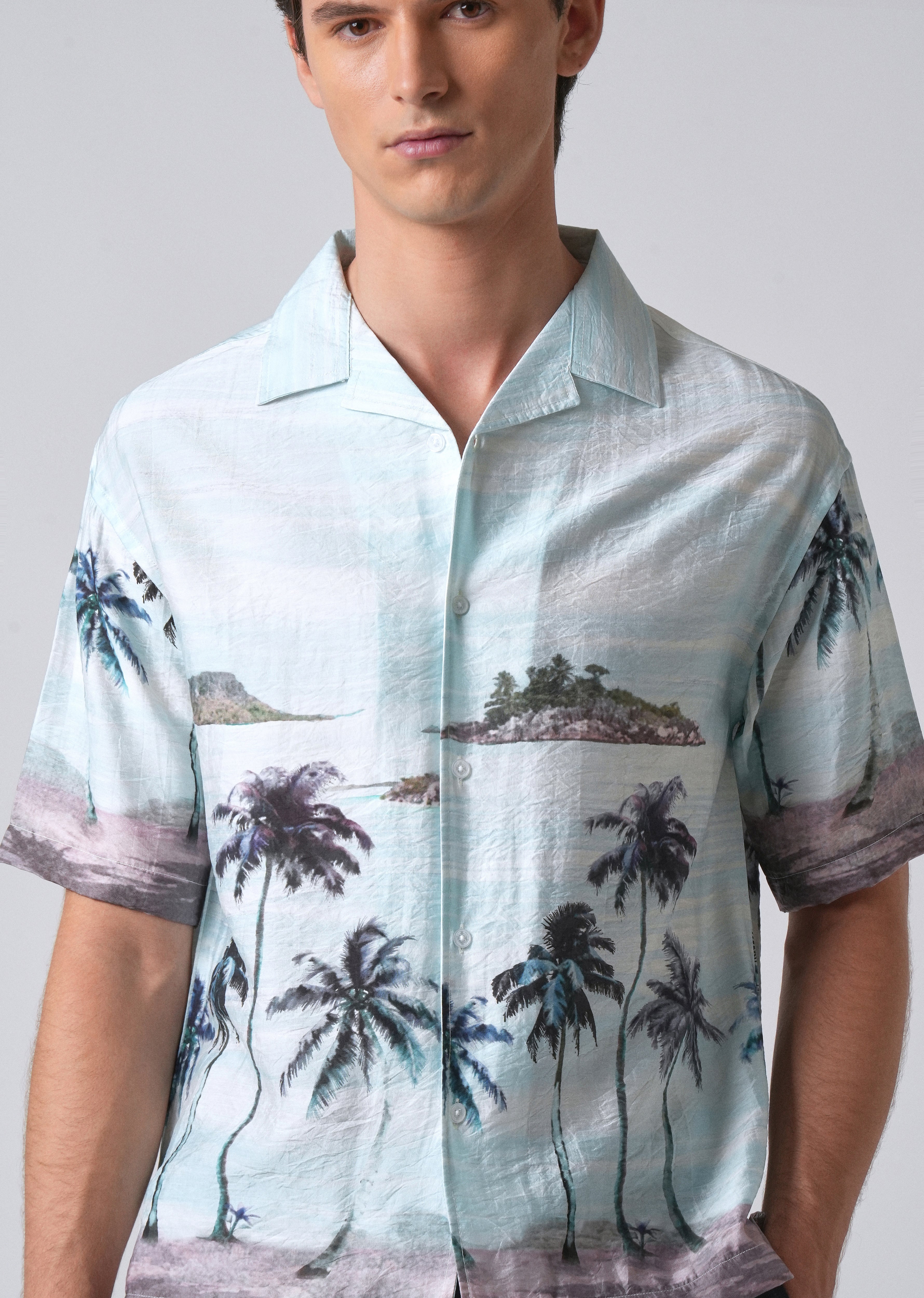Blue Tropical Palm Print Shirt