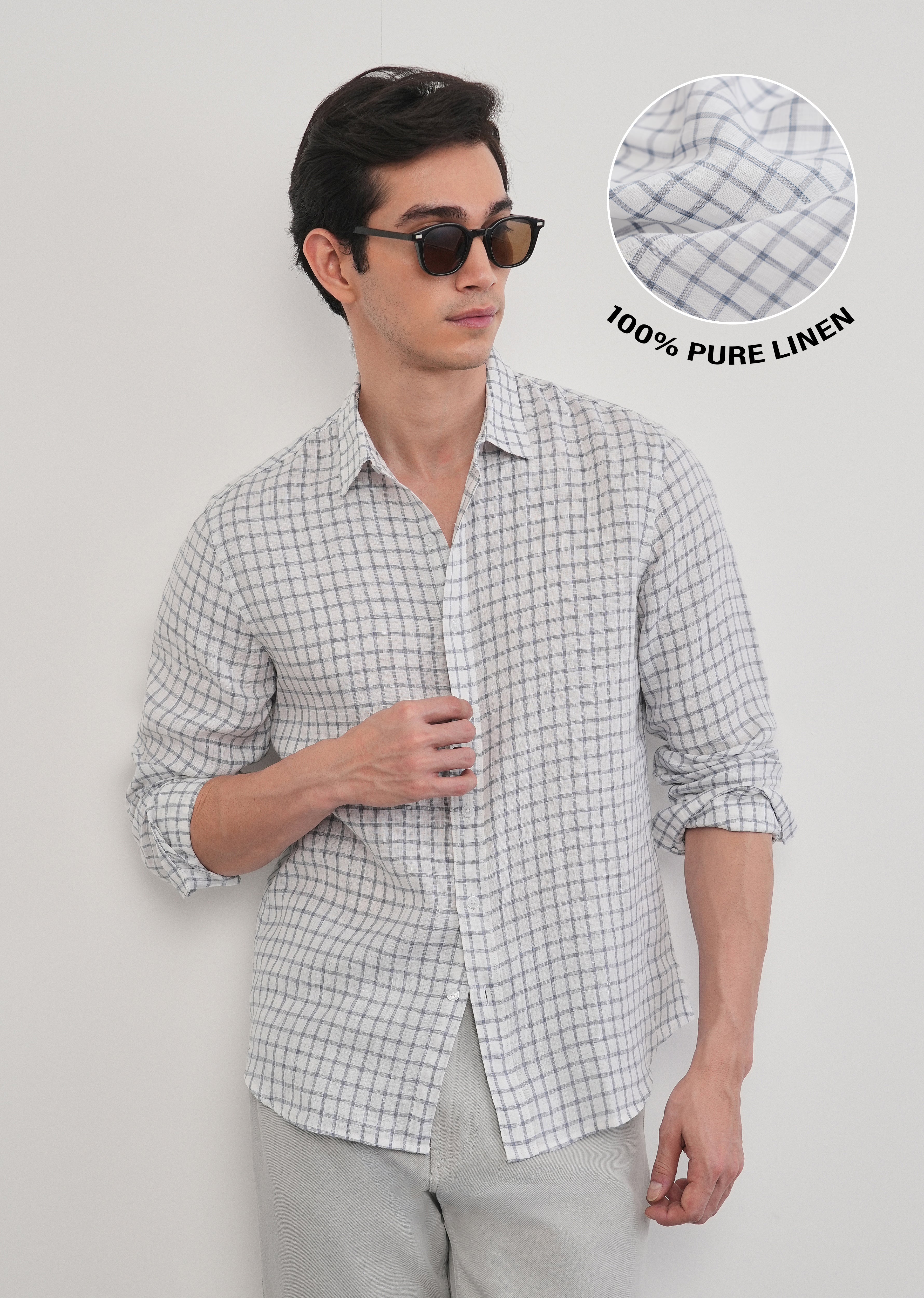 Blue 100% Pure Linen Check Shirt