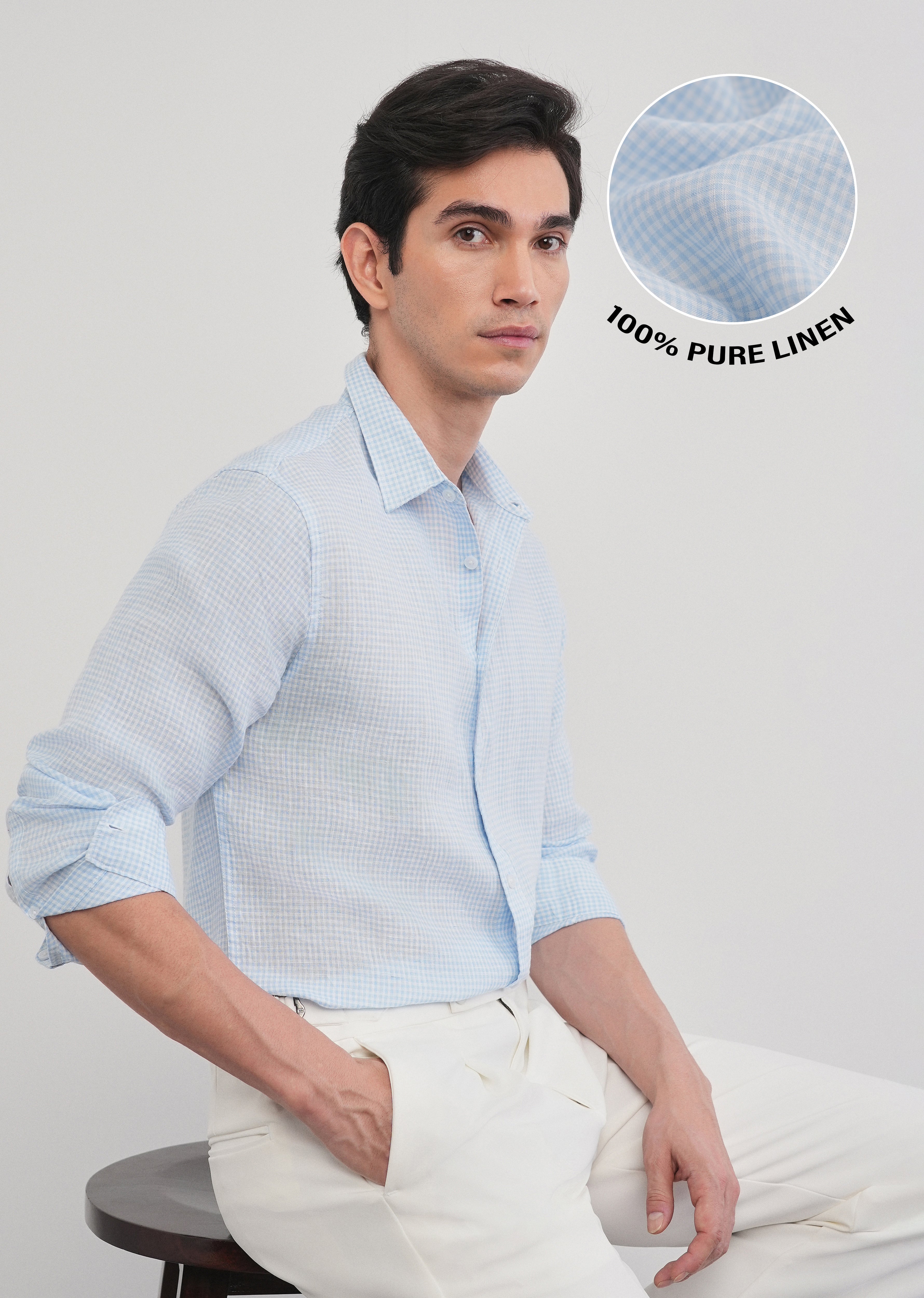 Blue 100% Pure Linen Gingham Check Shirt