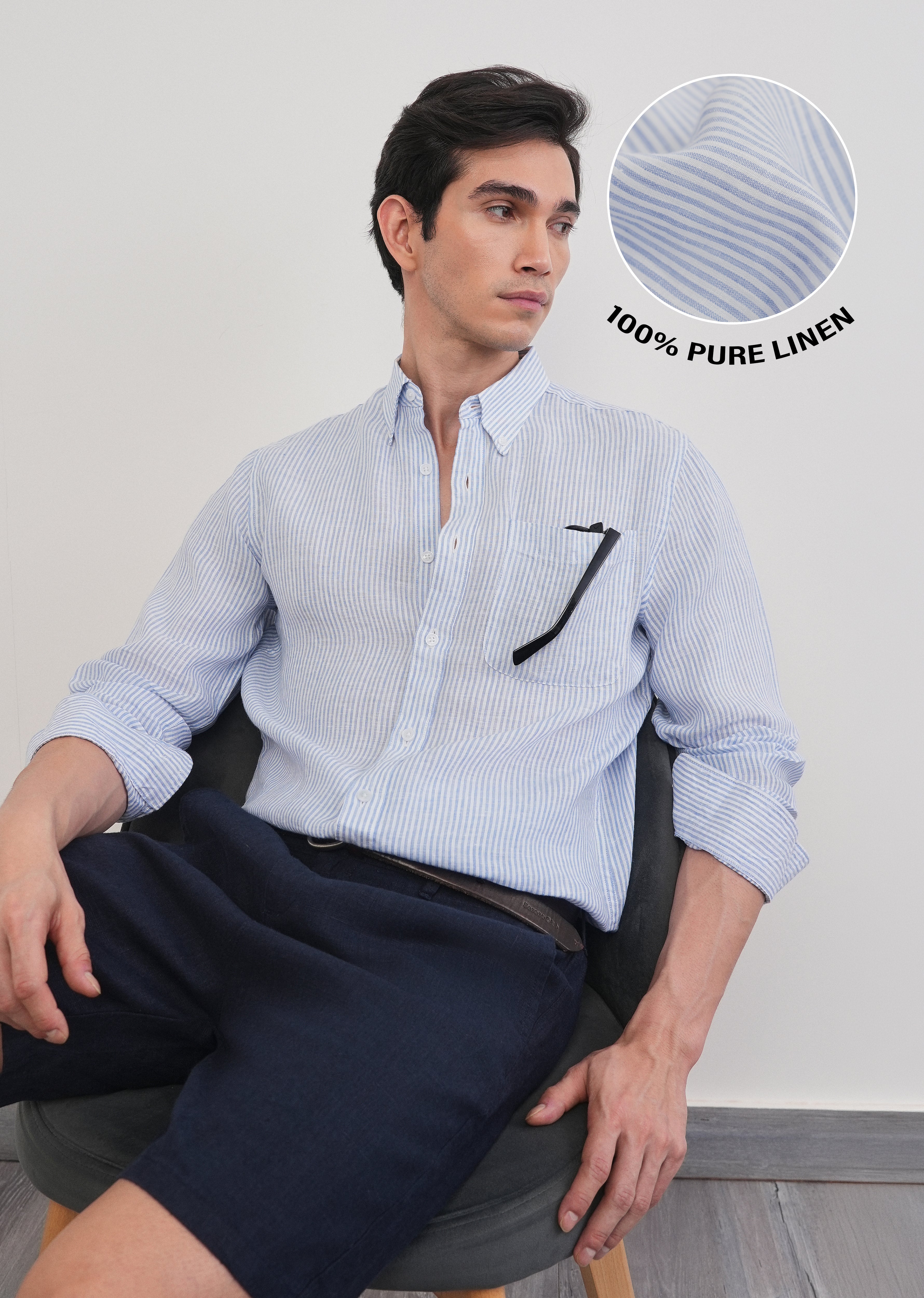 Blue 100% Pure Linen Stripe Shirt