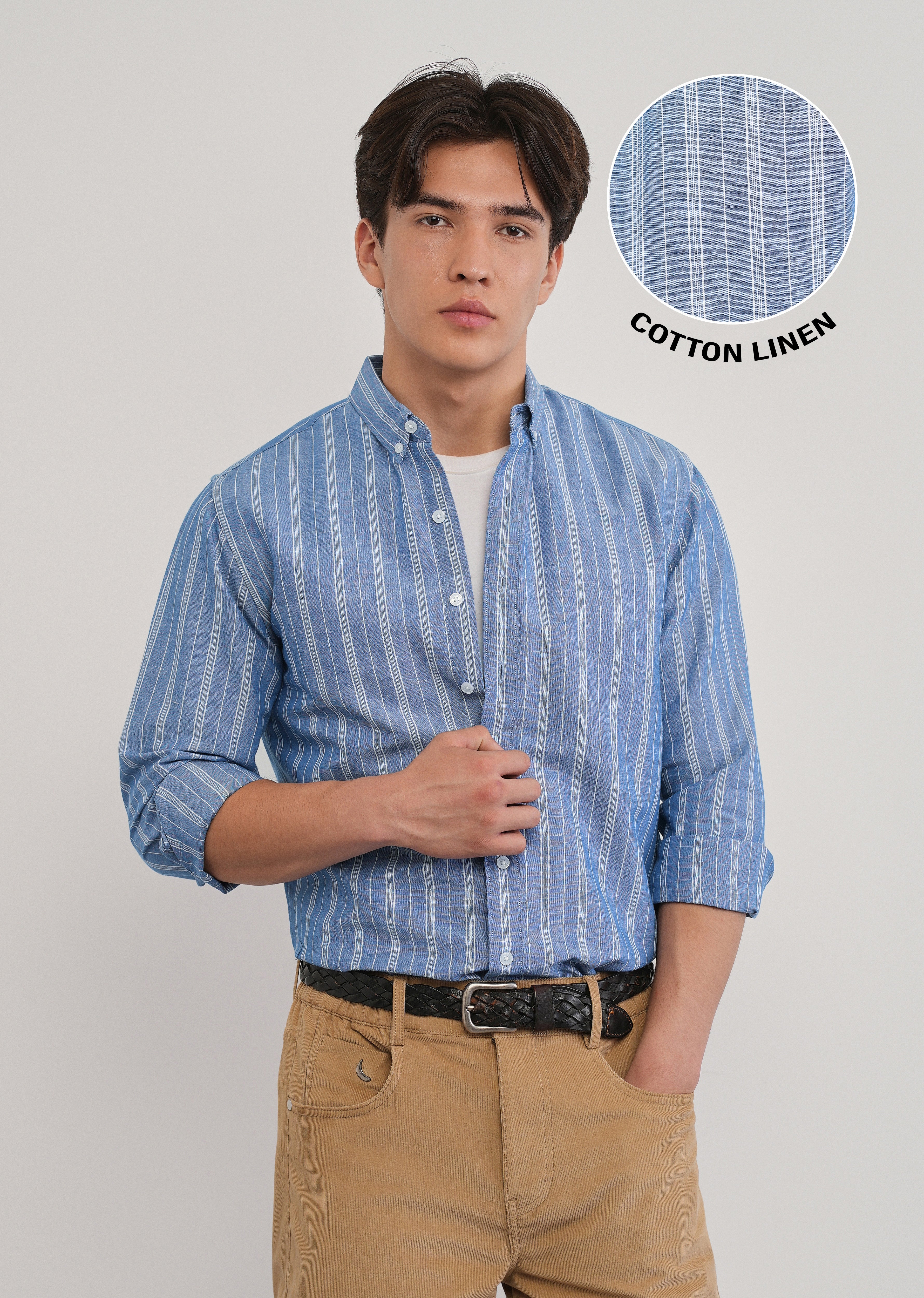 Blue Cotton Linen Stripe Shirt