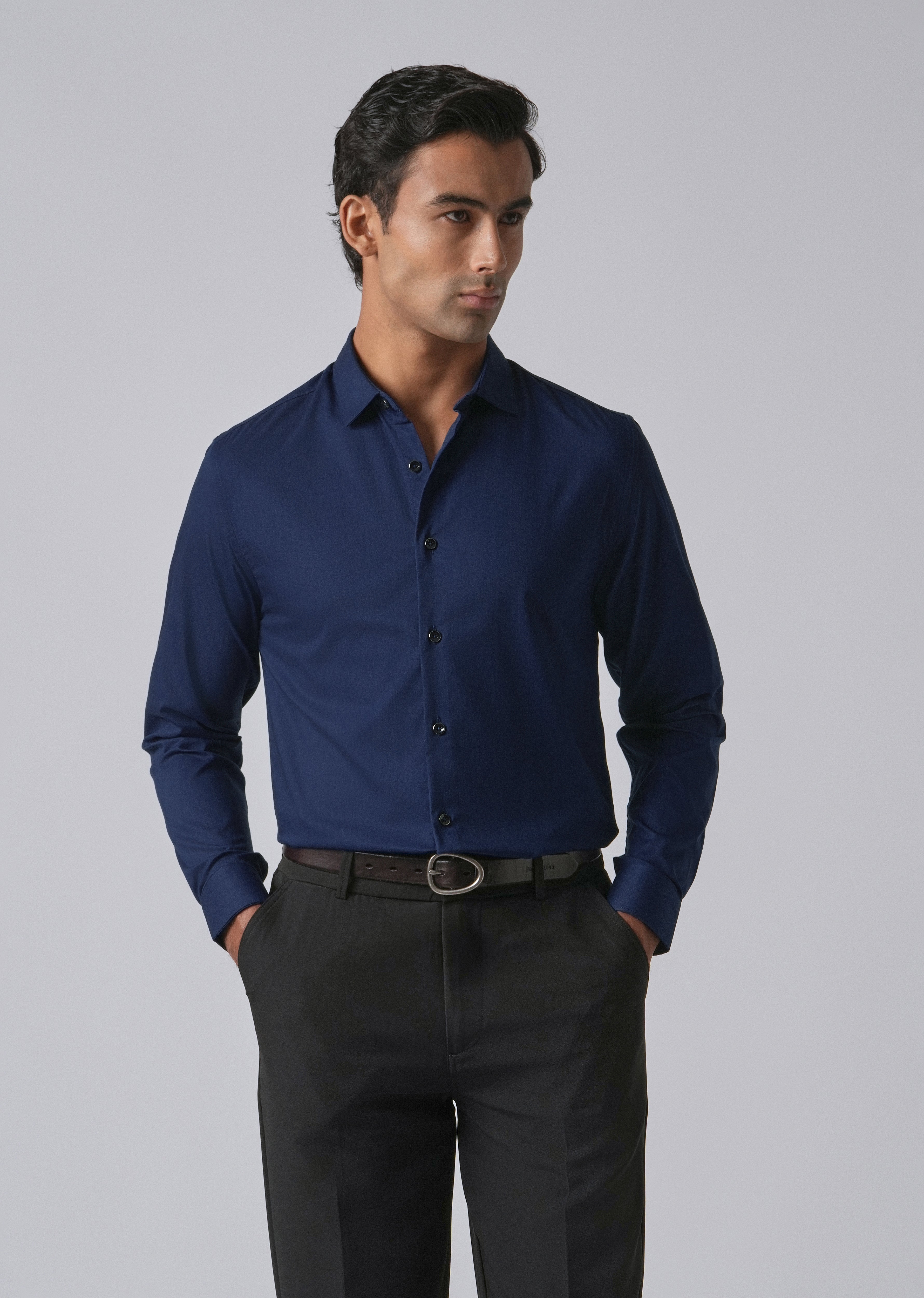 Blue Cotton Stretch Plain Shirt
