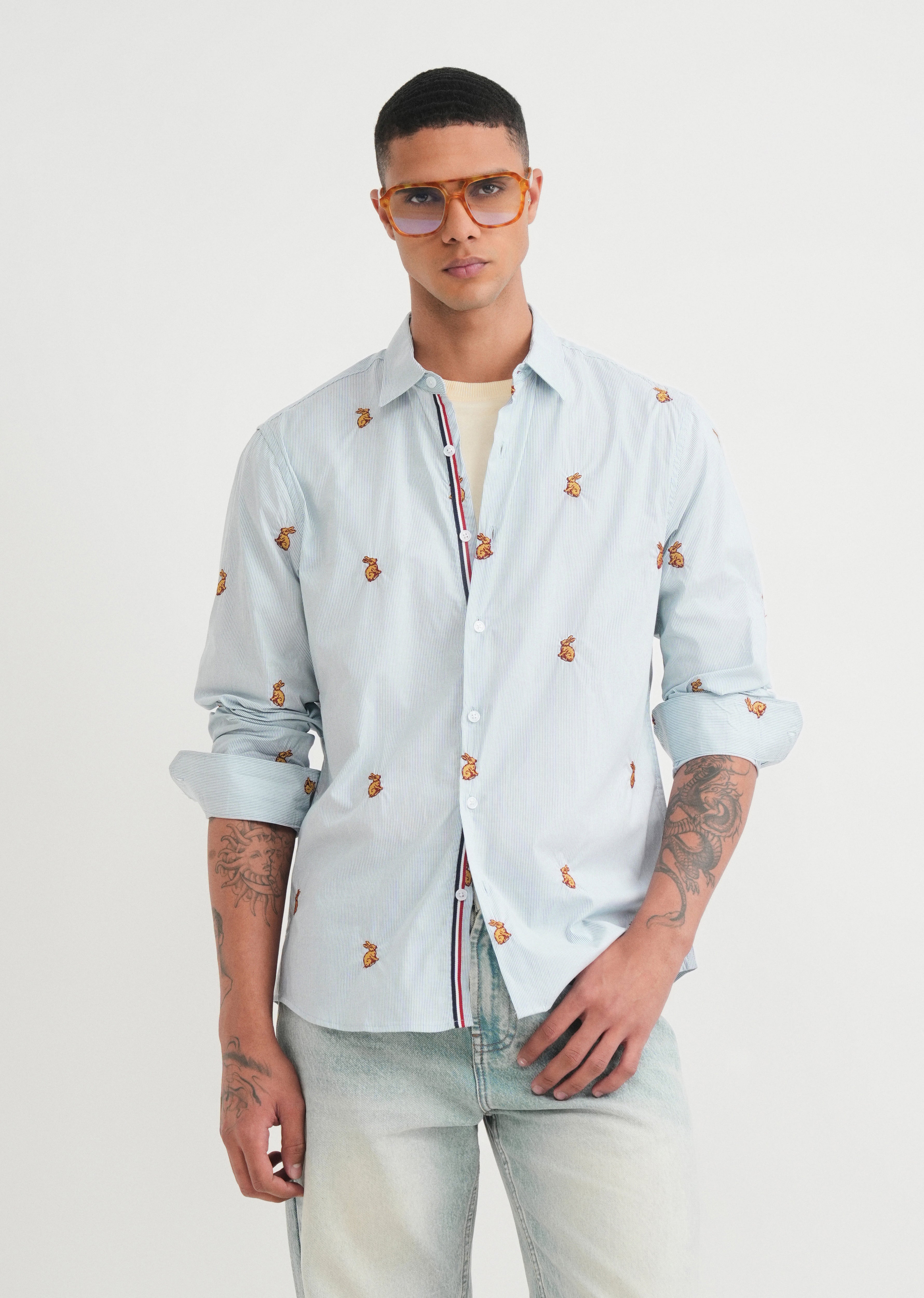 Blue Embroidered Cotton Stripe Shirt