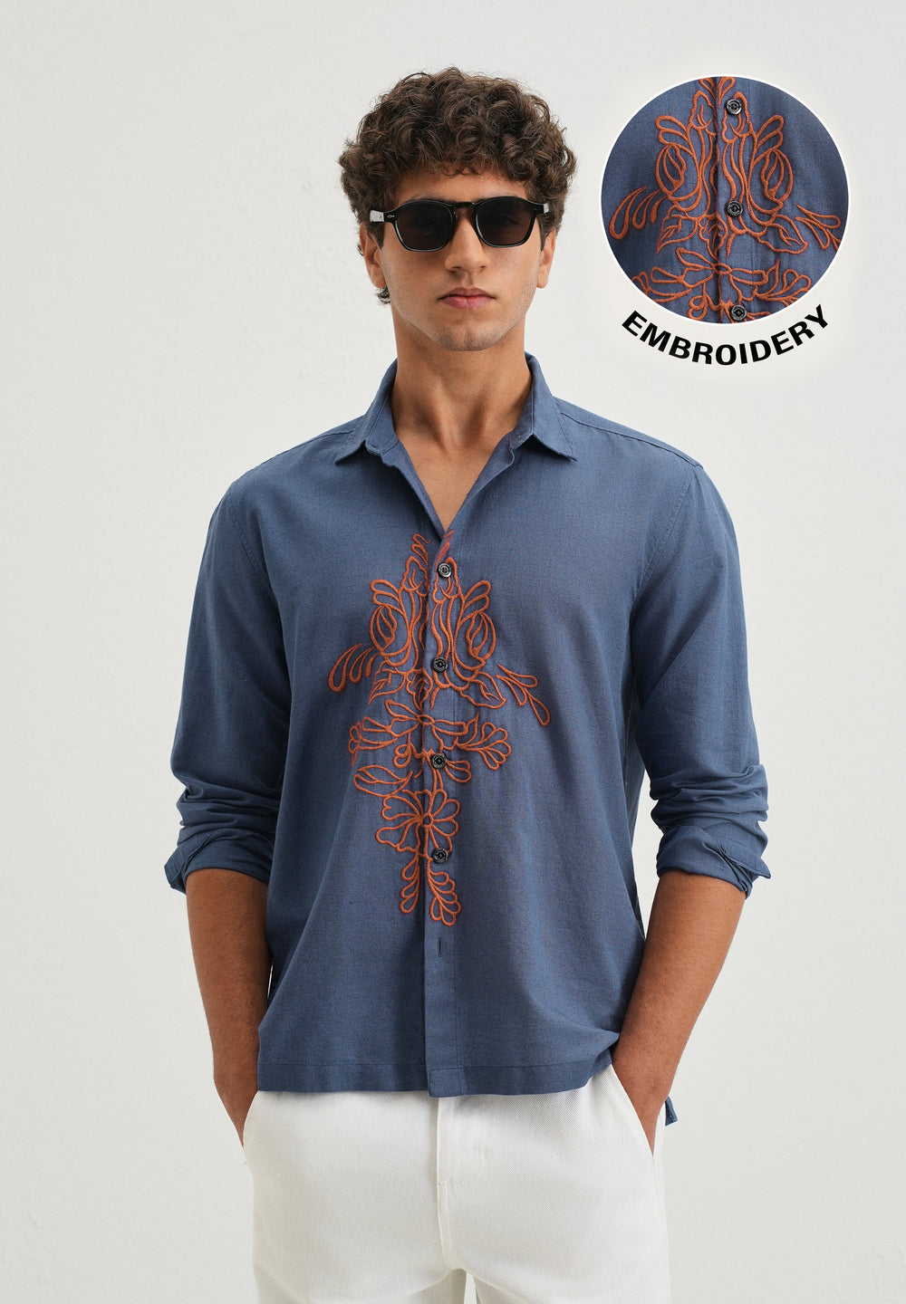 Blue Floral Embroidery Shirt