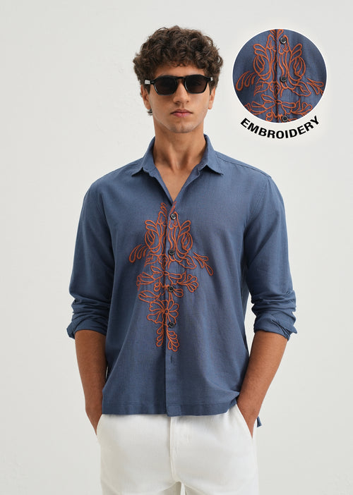 Blue Floral Embroidery Shirt