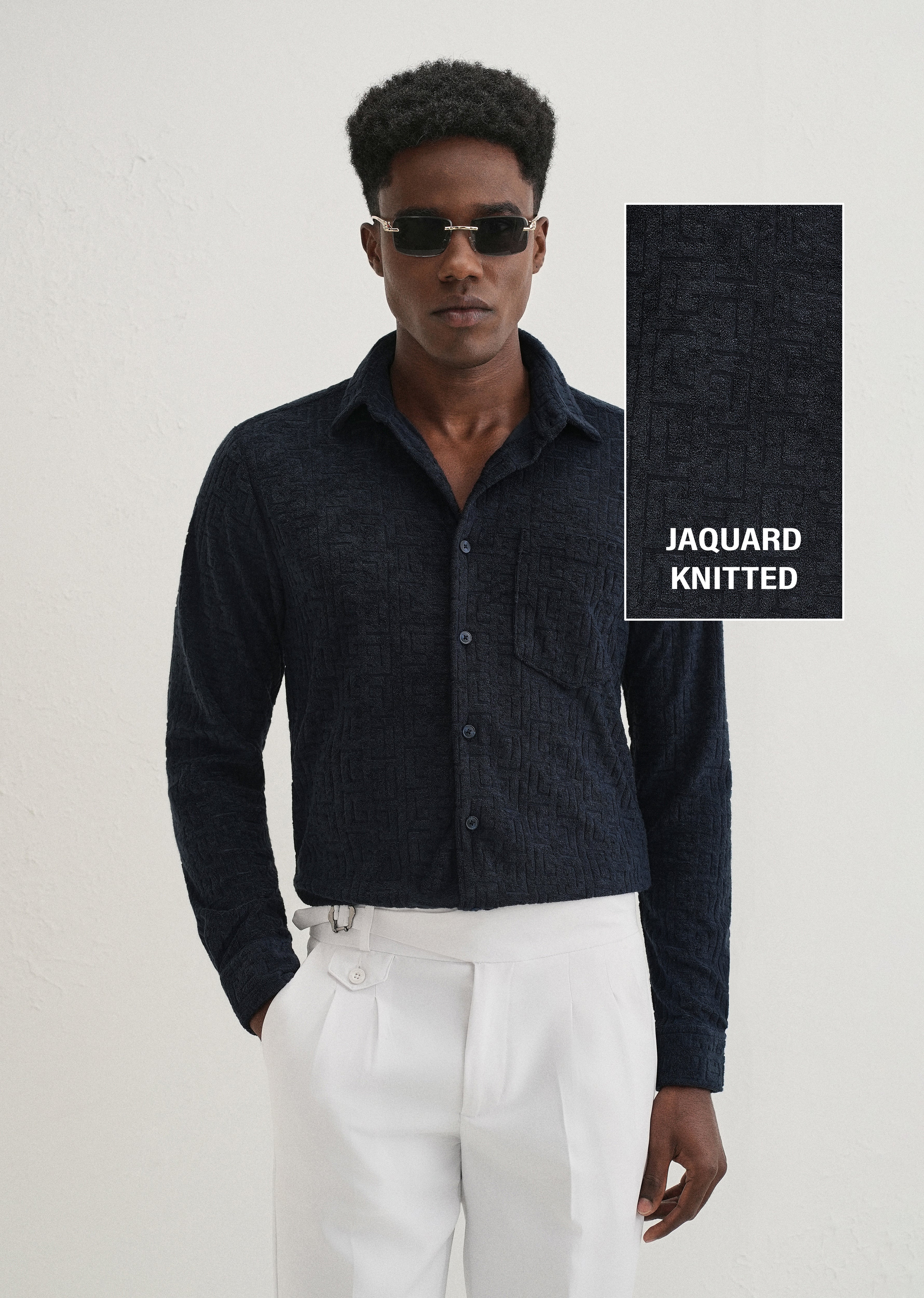 Blue Jacquard Knitted Shirt