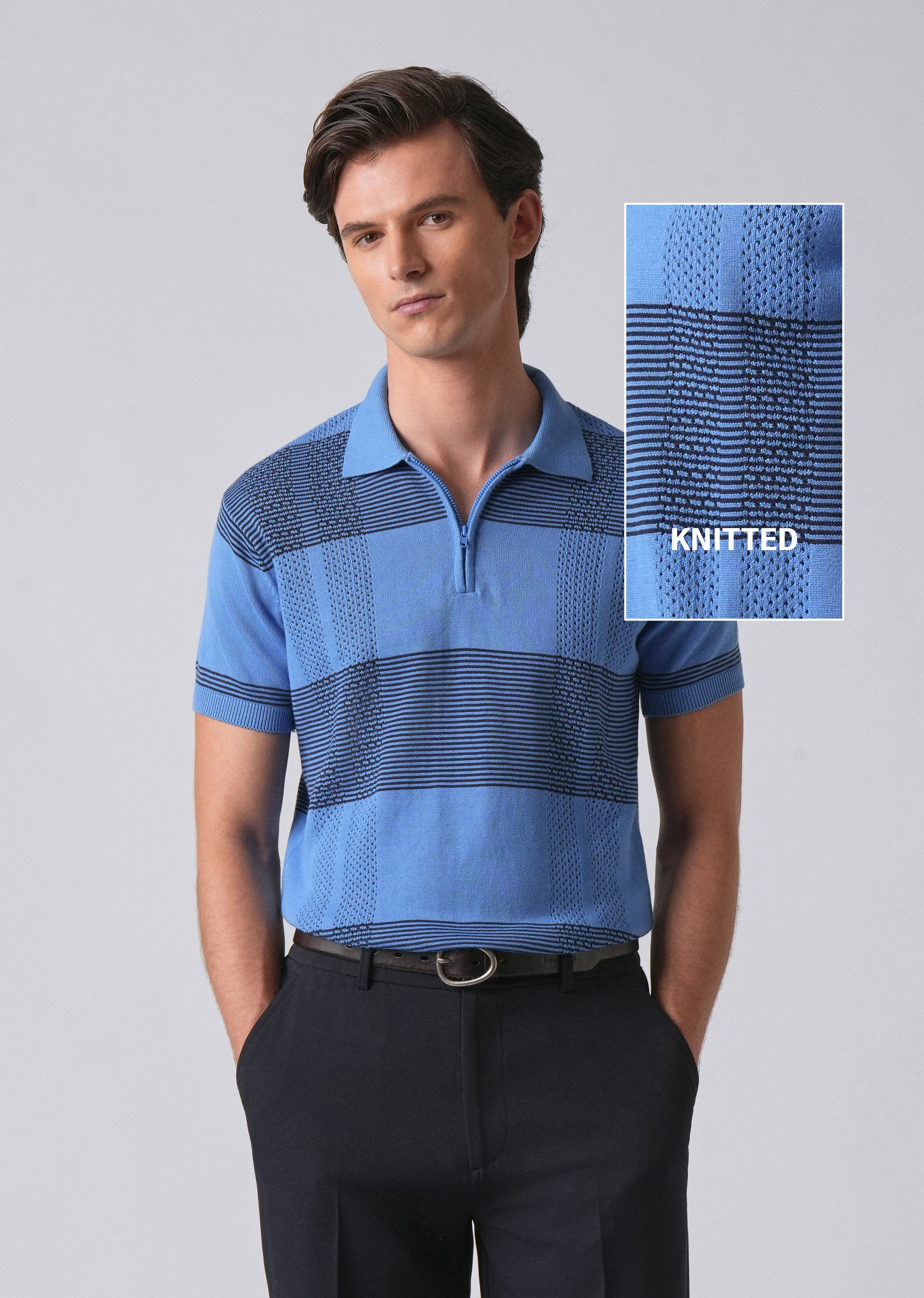 Blue Knitted Polo Zipper T-shirt