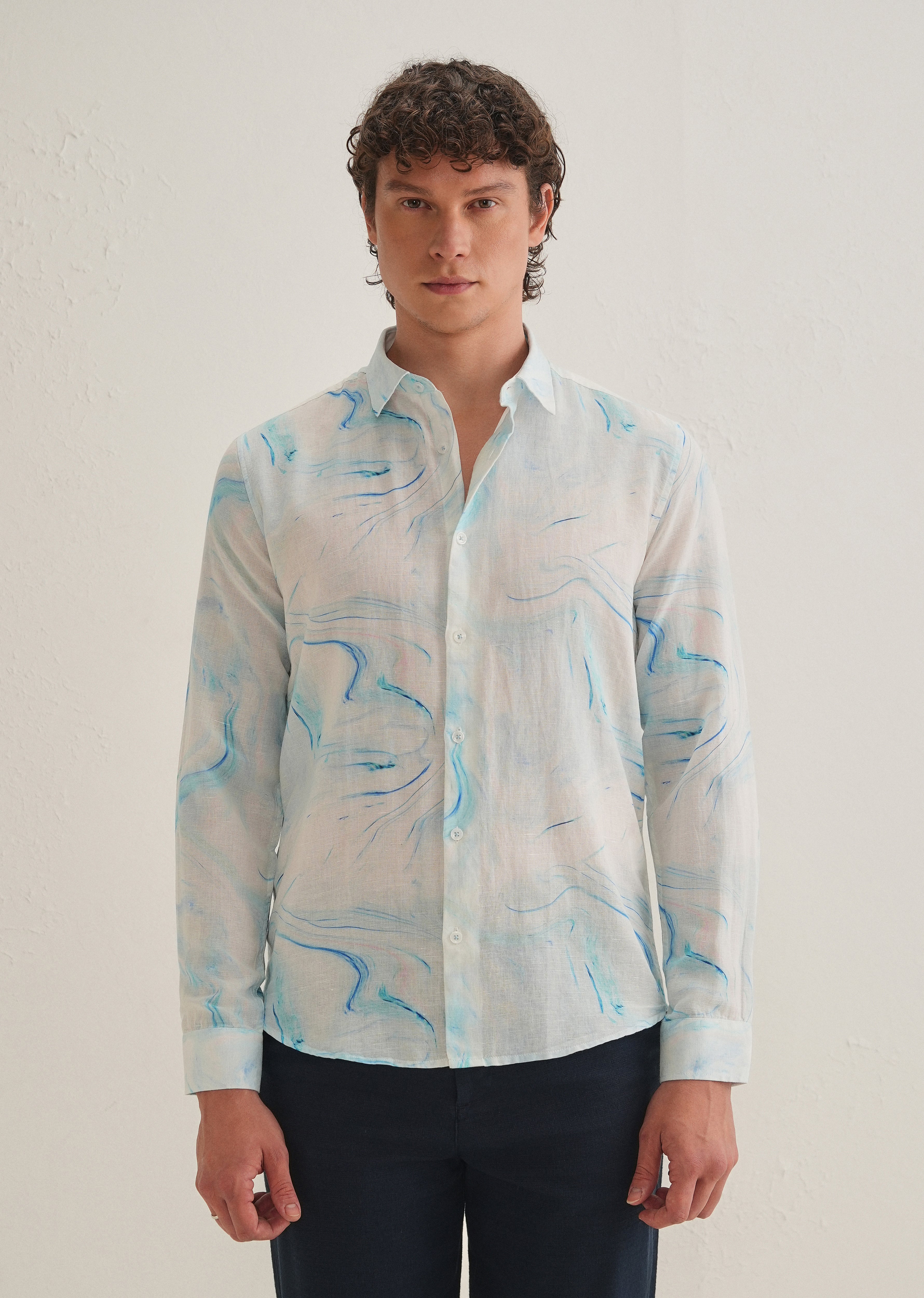 Blue Marble Printed Cotton Linen Shirt