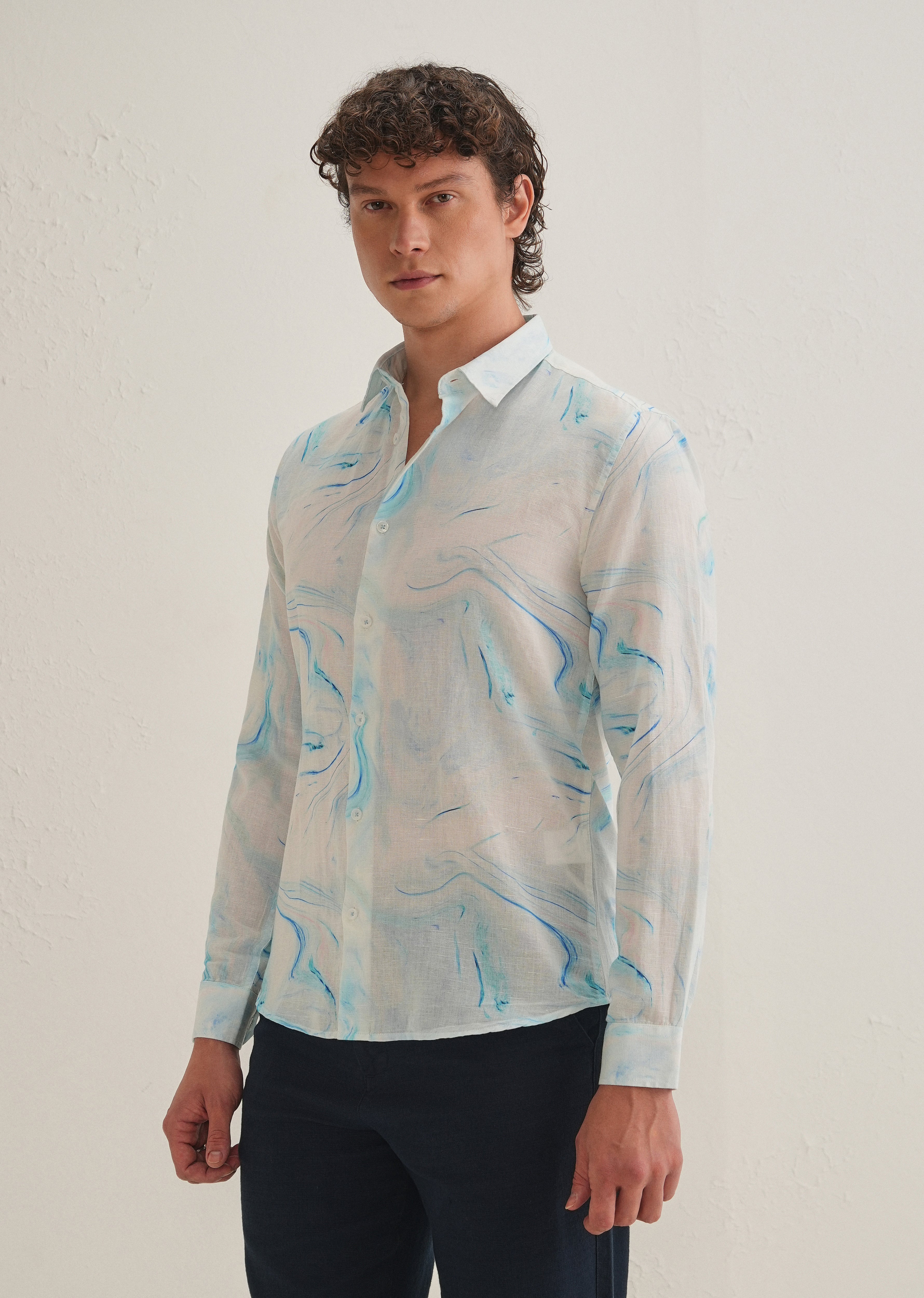 Blue Marble Printed Cotton Linen Shirt