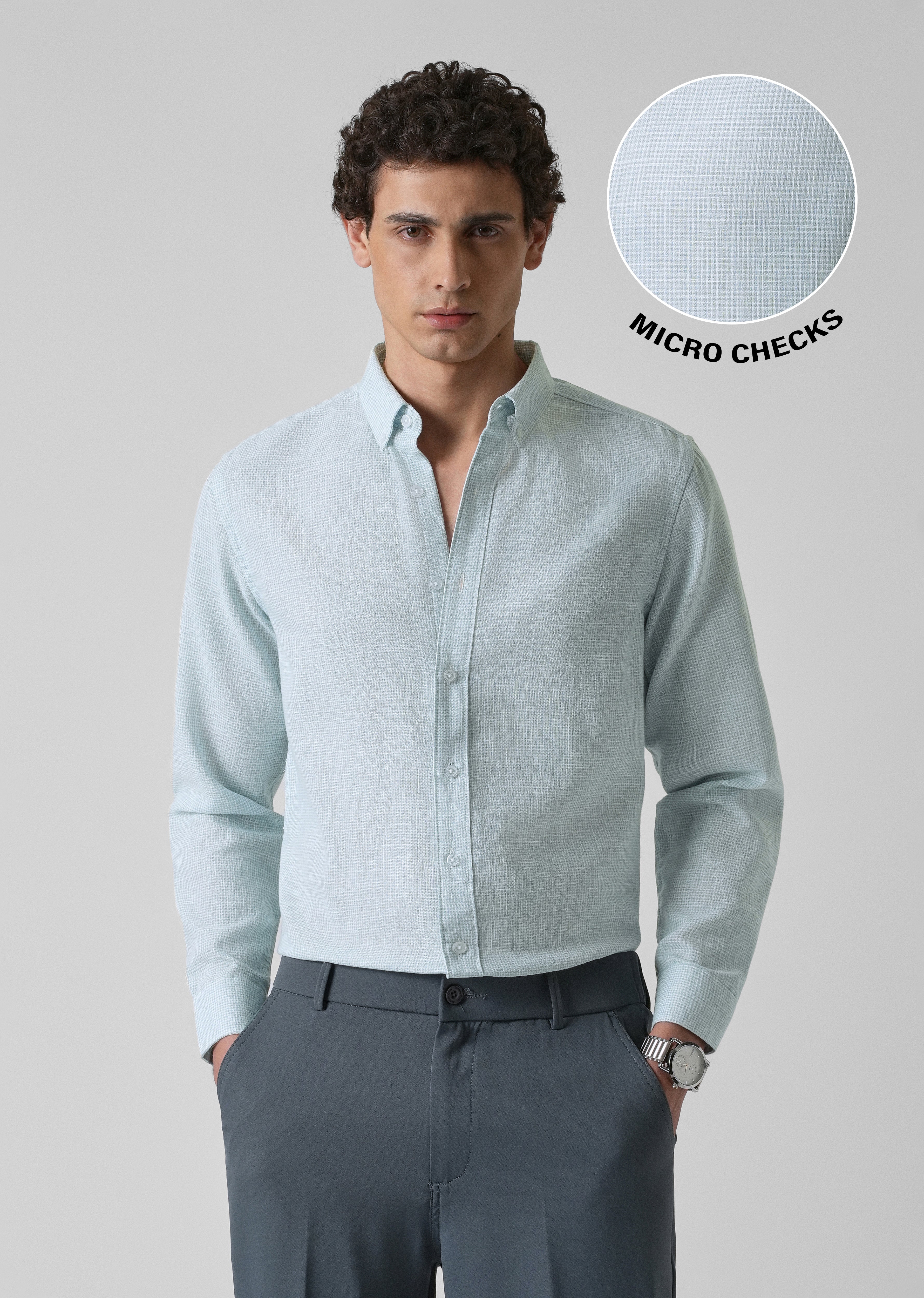 Blue Micro Checks Blended Cotton Shirt