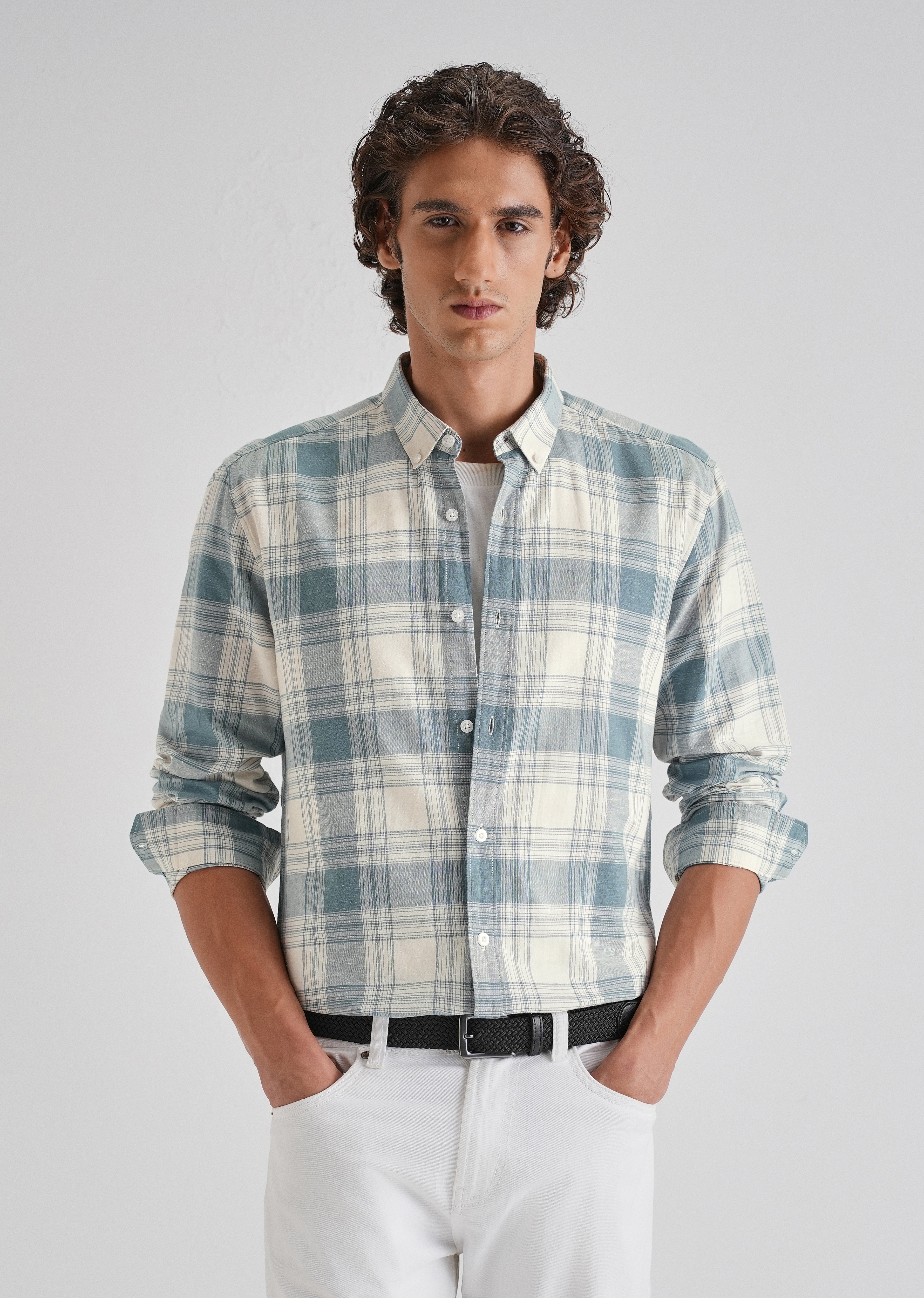 Blue Plaid Checked Cotton Linen Shirt