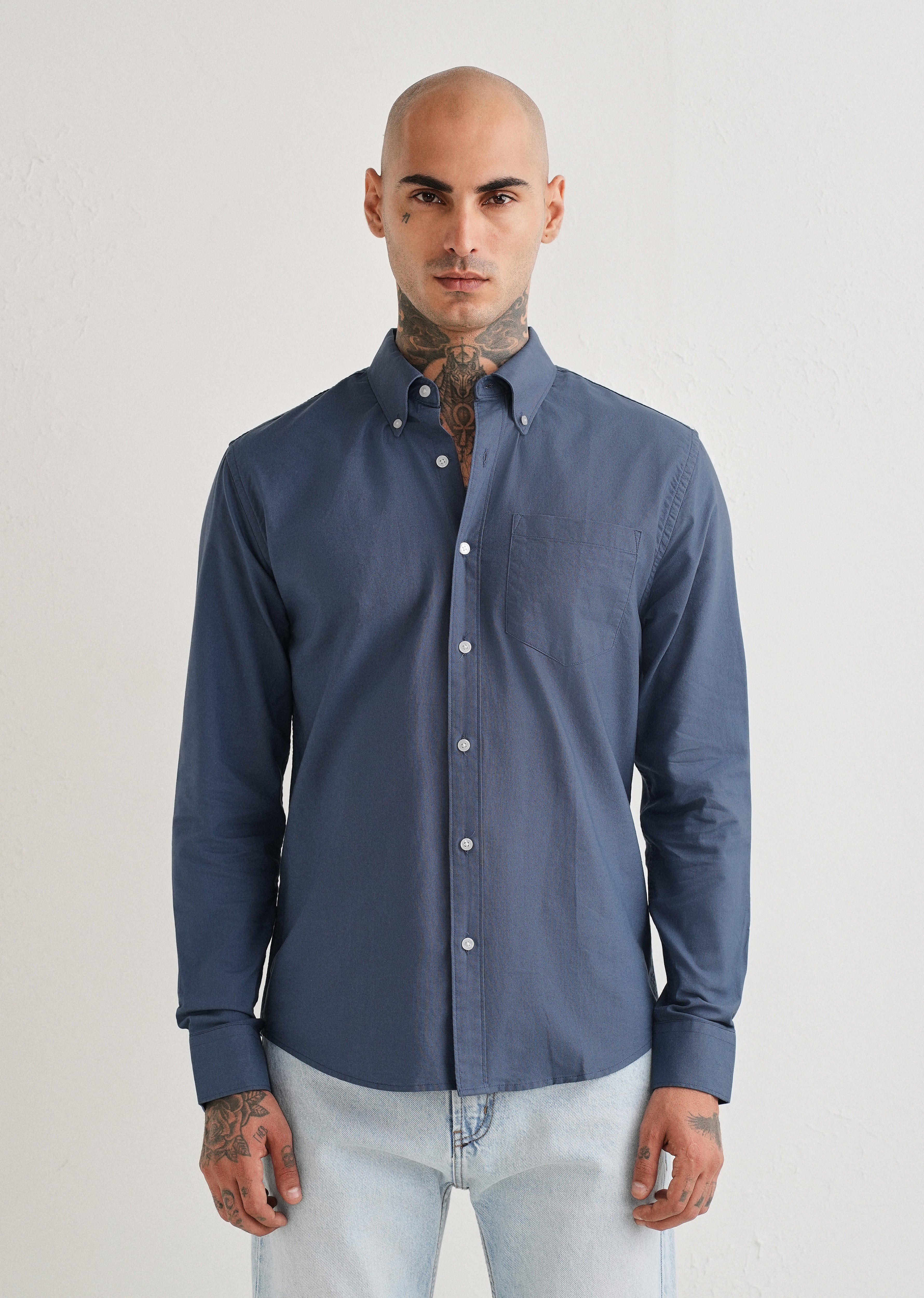 Blue Plain Cotton Oxford Shirt