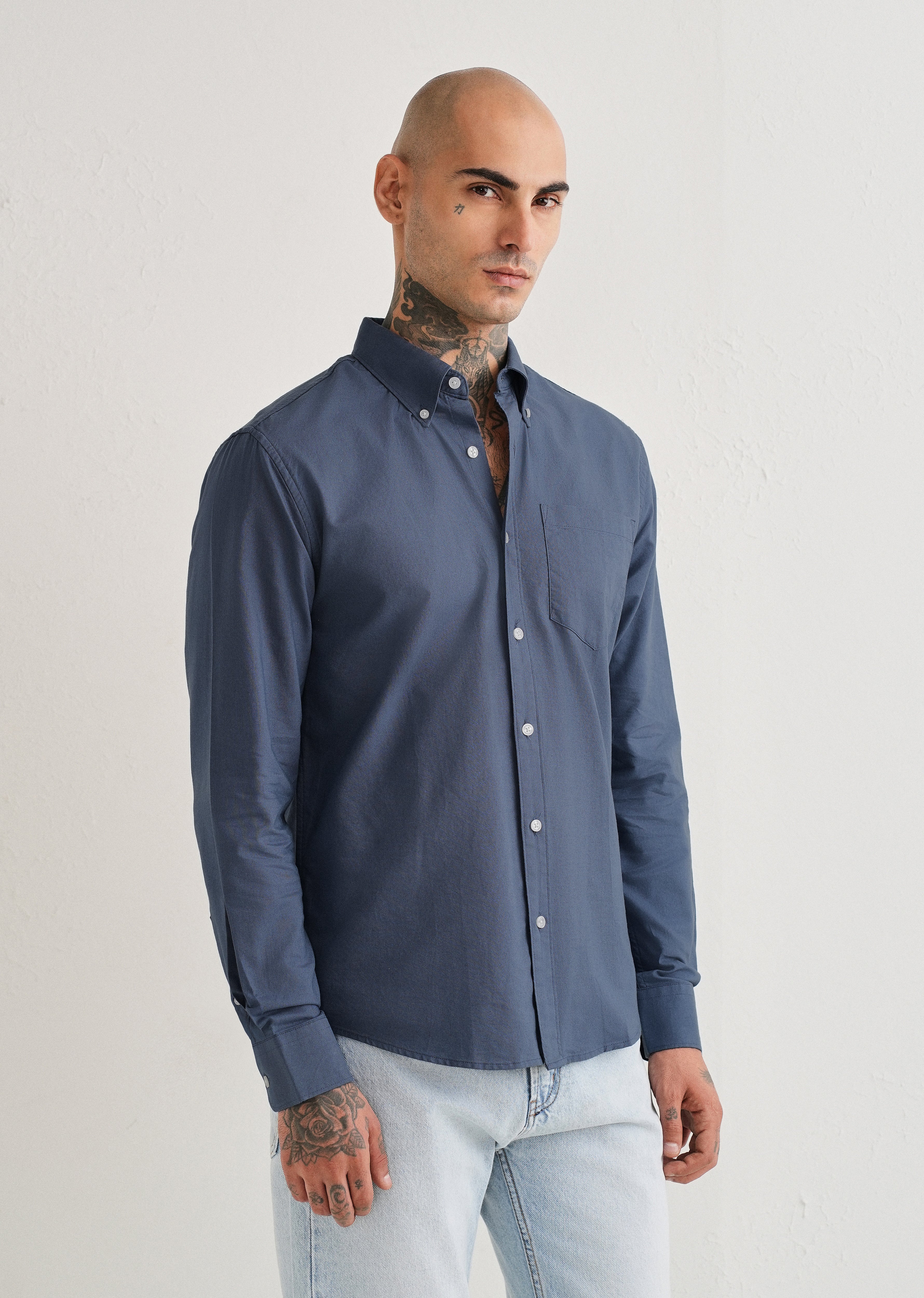 Blue Plain Cotton Oxford Shirt