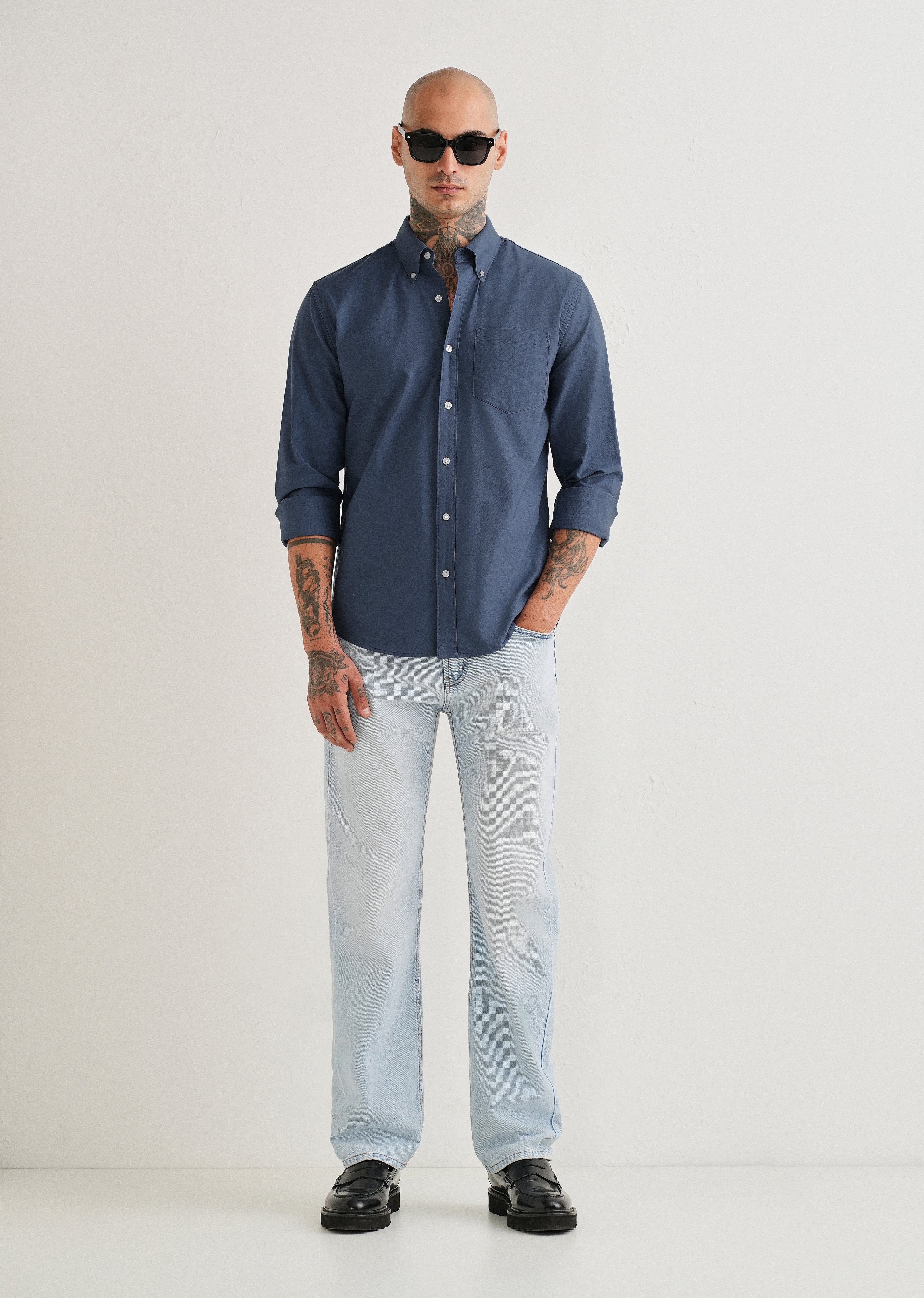 Blue Plain Cotton Oxford Shirt