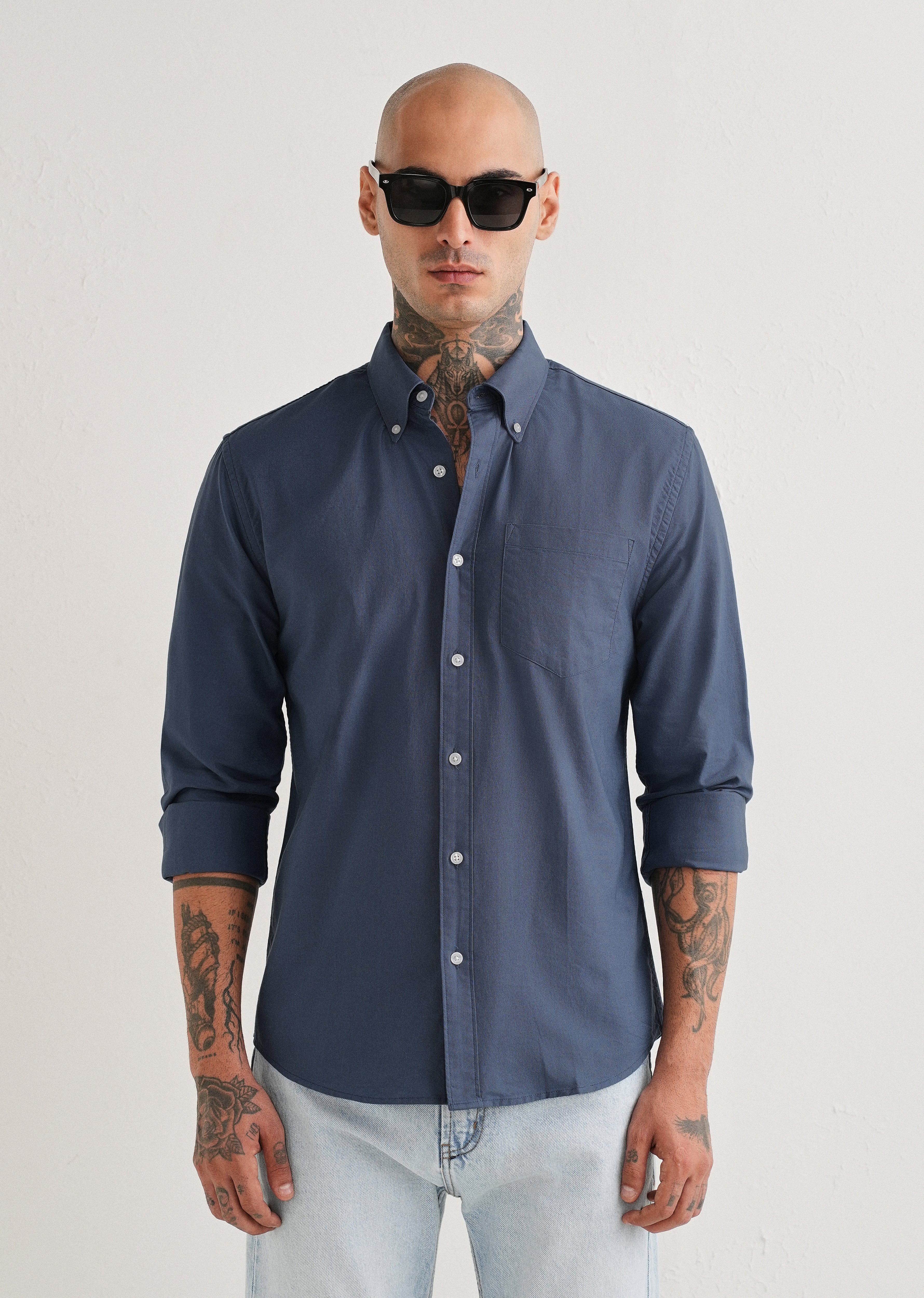 Blue Plain Cotton Oxford Shirt