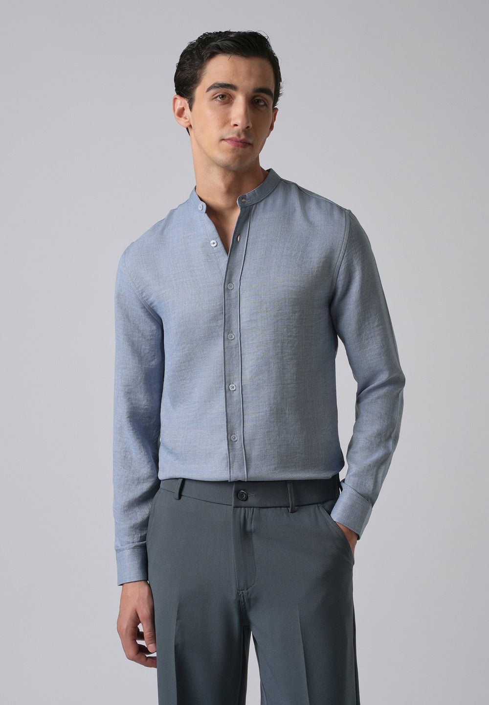 Blue Plain Mandarin Collar Shirt