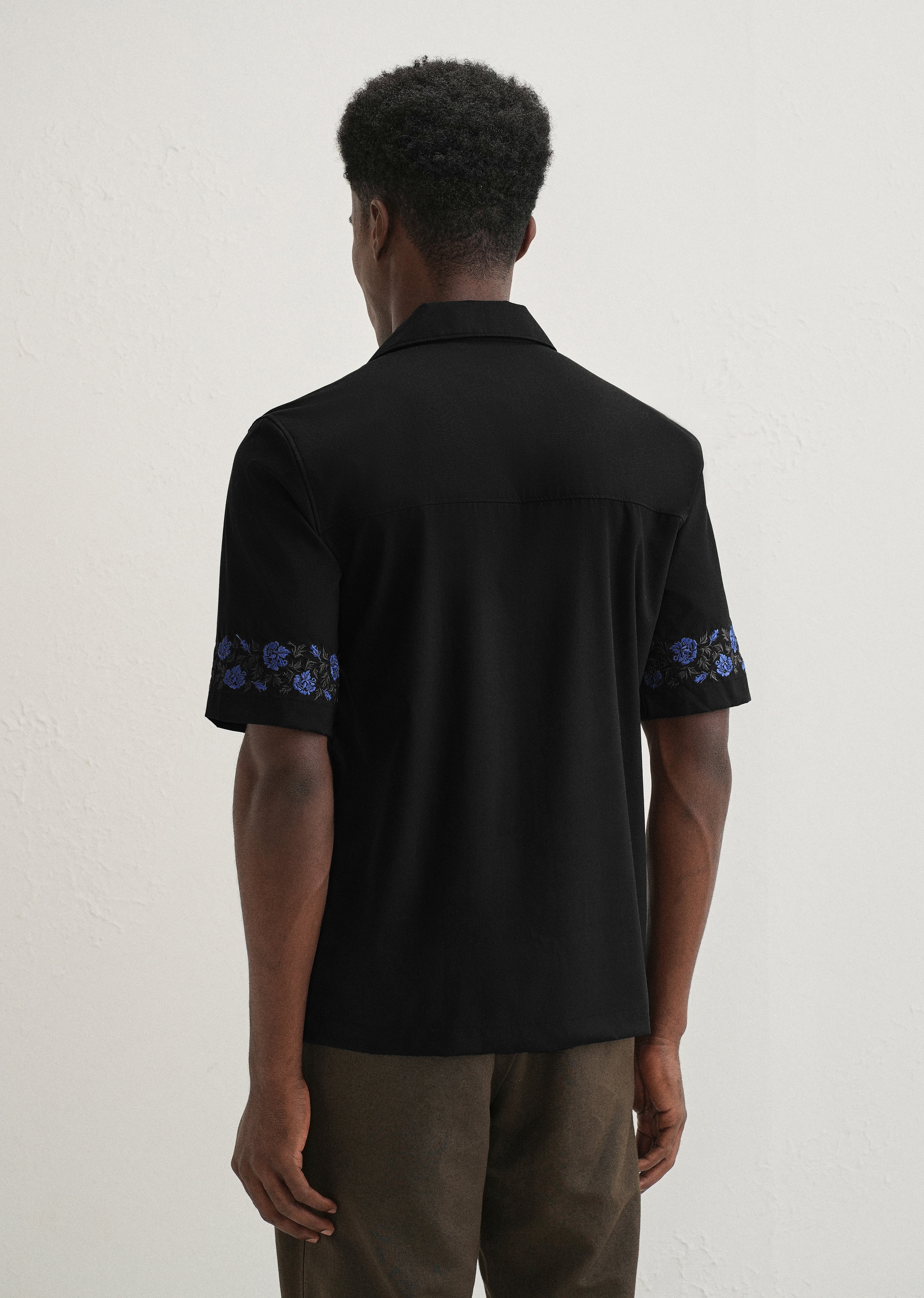 Blue Rose Embroidery Black Shirt