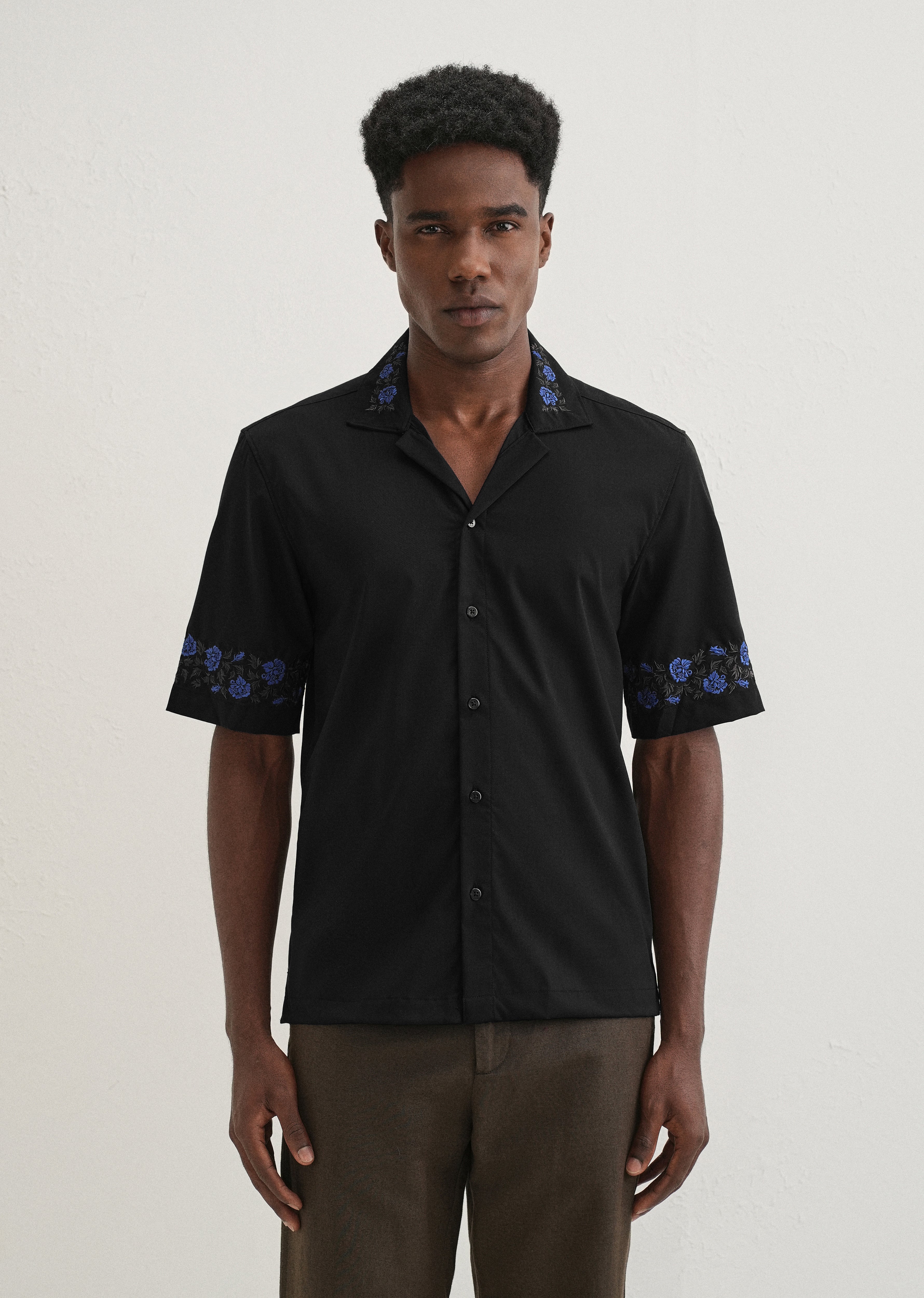 Blue Rose Embroidery Black Shirt